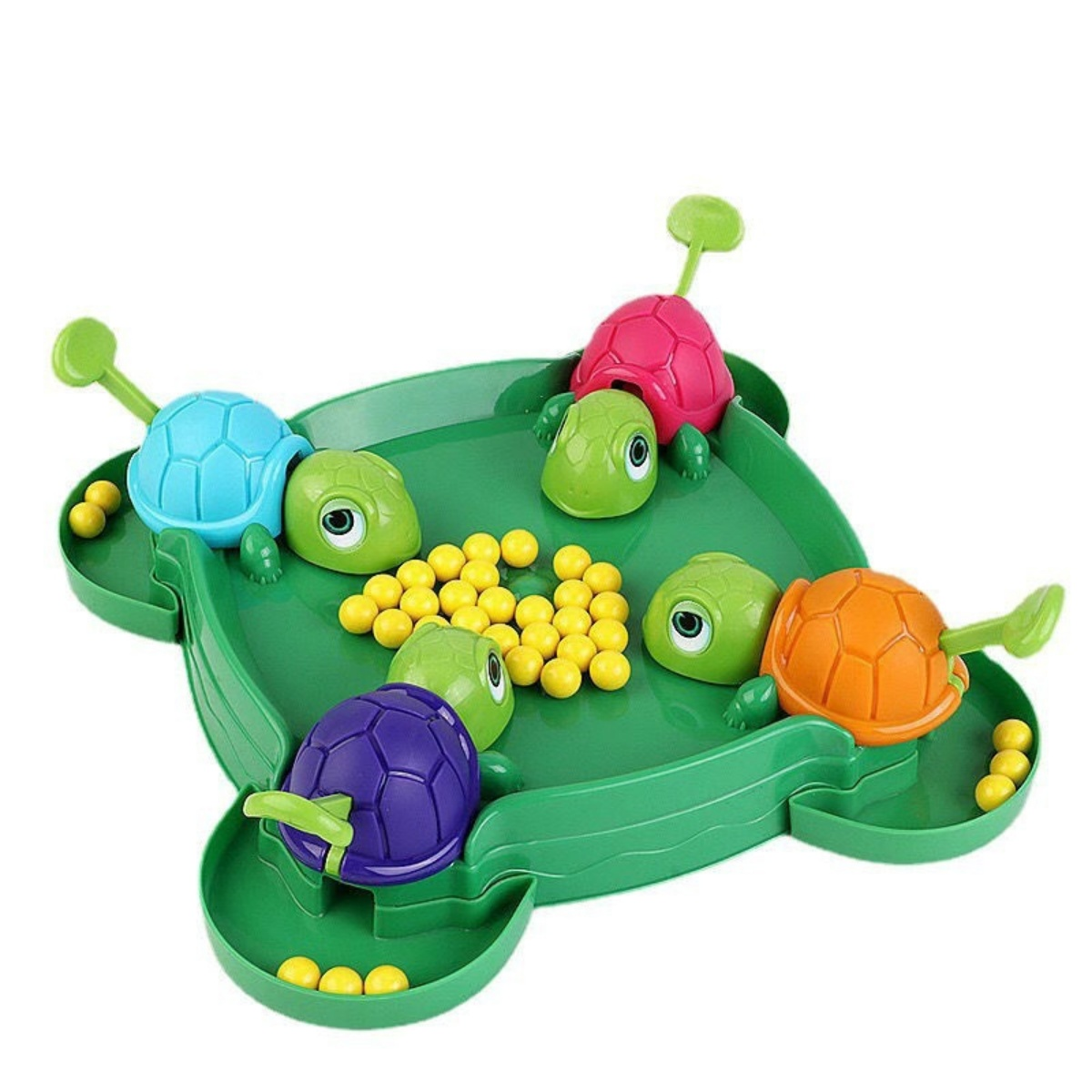 Ein buntes Schildkrötenspiel mit gelben Bällen auf grünem Sockel.