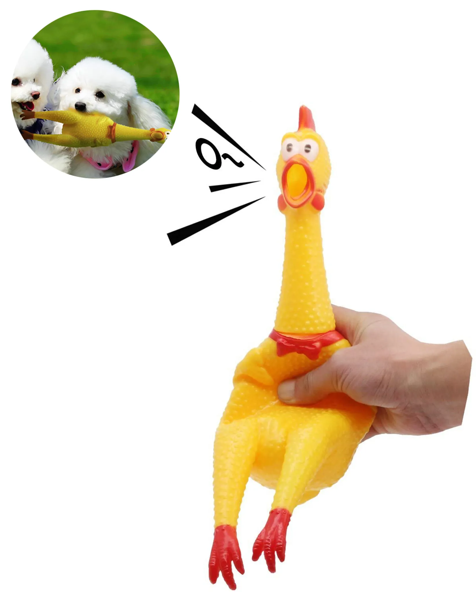 Eine Hand drückt eine gelbe Quietsch-Hühner-Spielzeug.