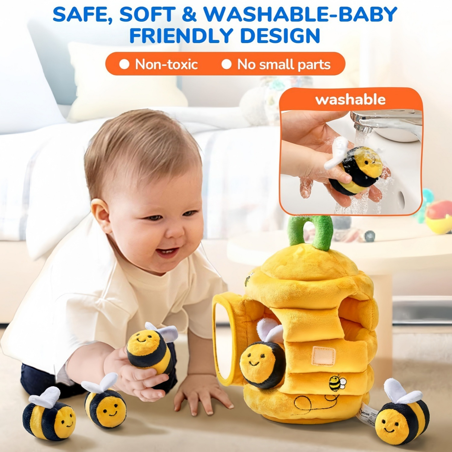 Ein Baby spielt mit weichen Bienen-Spielzeugen und einer Bienenstock-Spielburg.