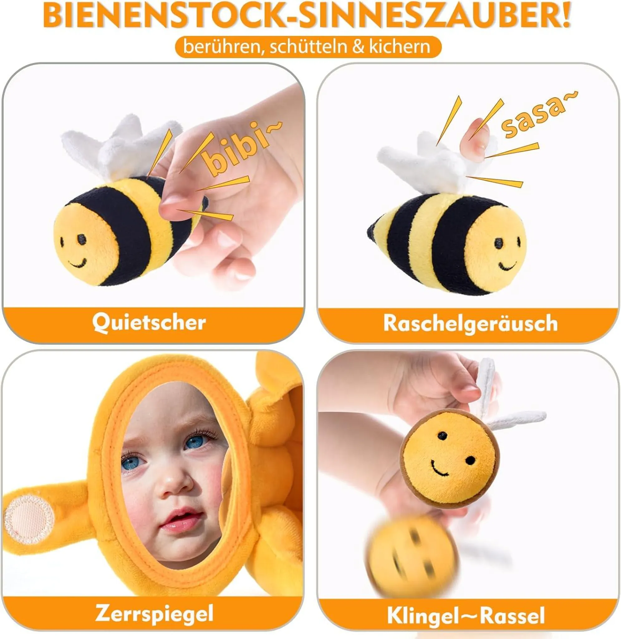 Vier Szenen zeigen ein Plüschbiene-Spielzeug, das quietscht, raschelt, einen Spiegel und rasselt.