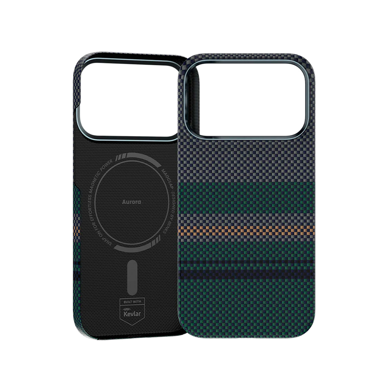 Dos fundas de iPhone una al lado de la otra. Una negra con logo, la otra a cuadros verde azulados.