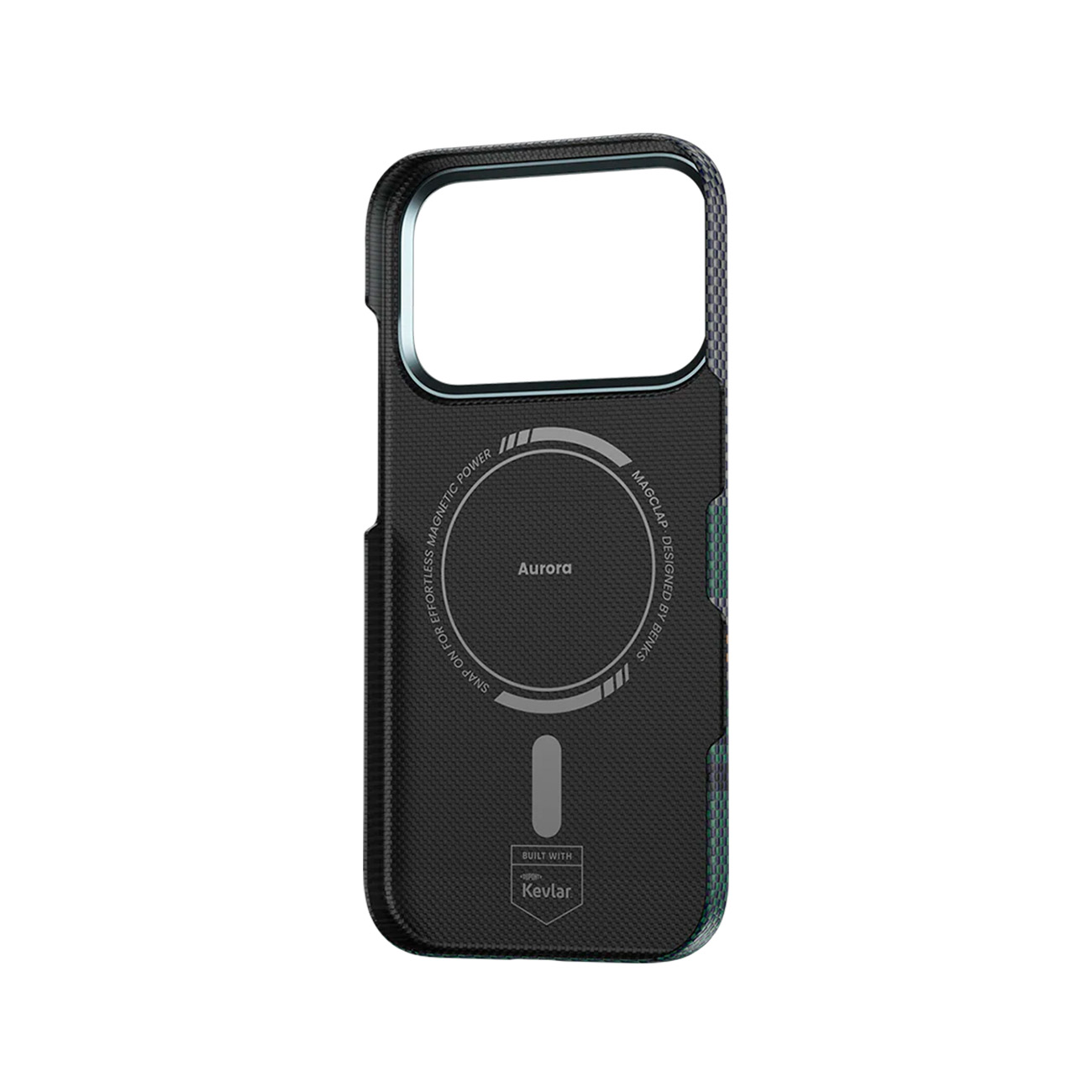 Funda de teléfono negra con anillo magnético y marca Kevlar.