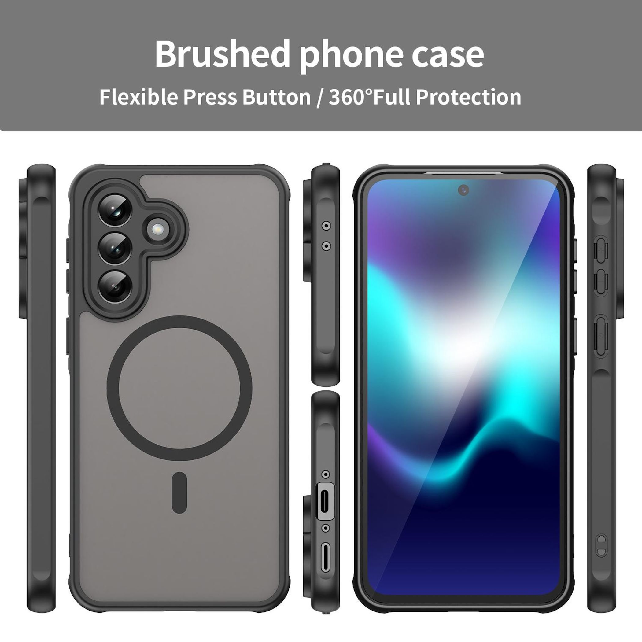 Graue Handyhülle mit schwarzem Rahmen, Kameramodul und MagSafe-Kreis.