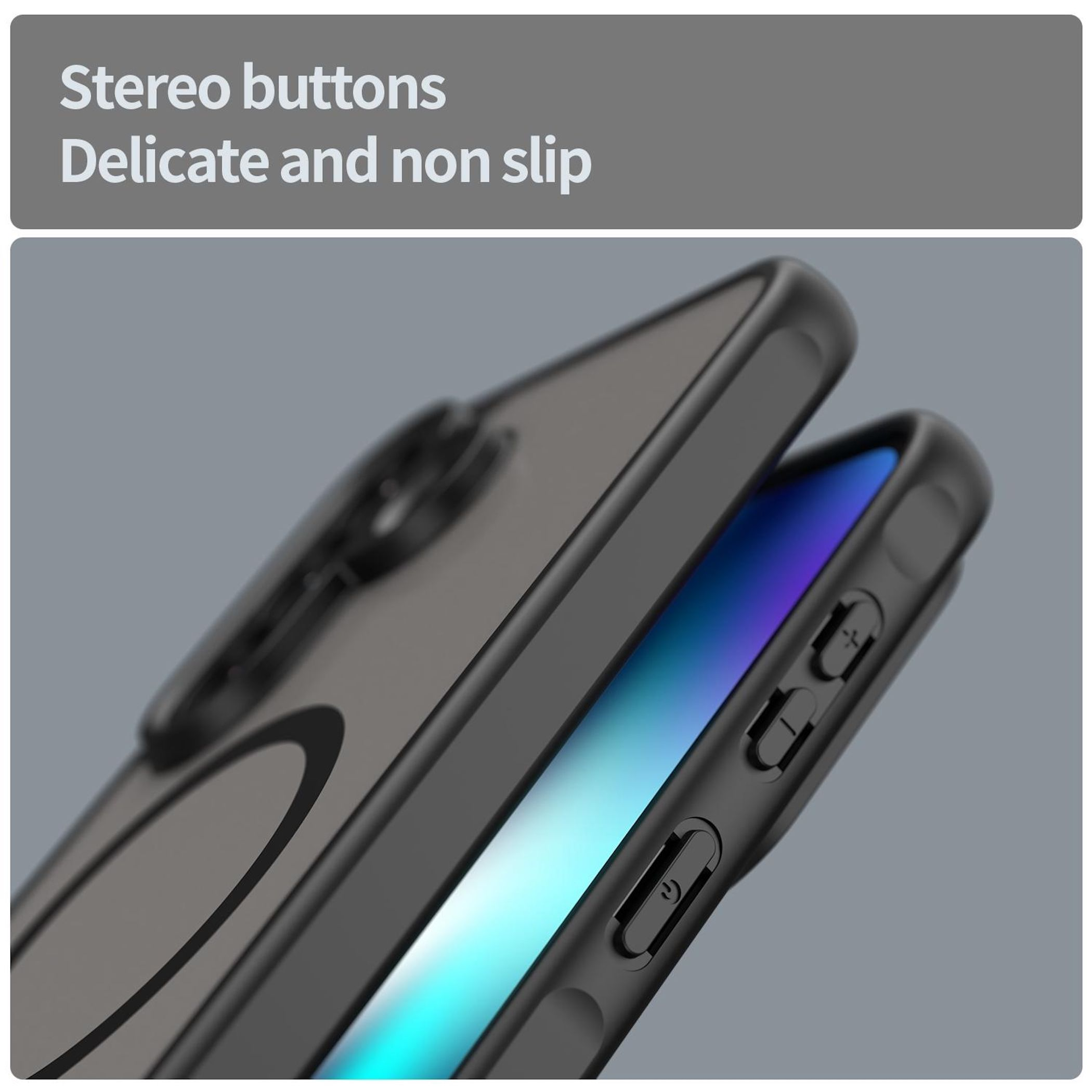 Schwarzes Handycover mit Stereo-Tasten und blauem Bildschirm.