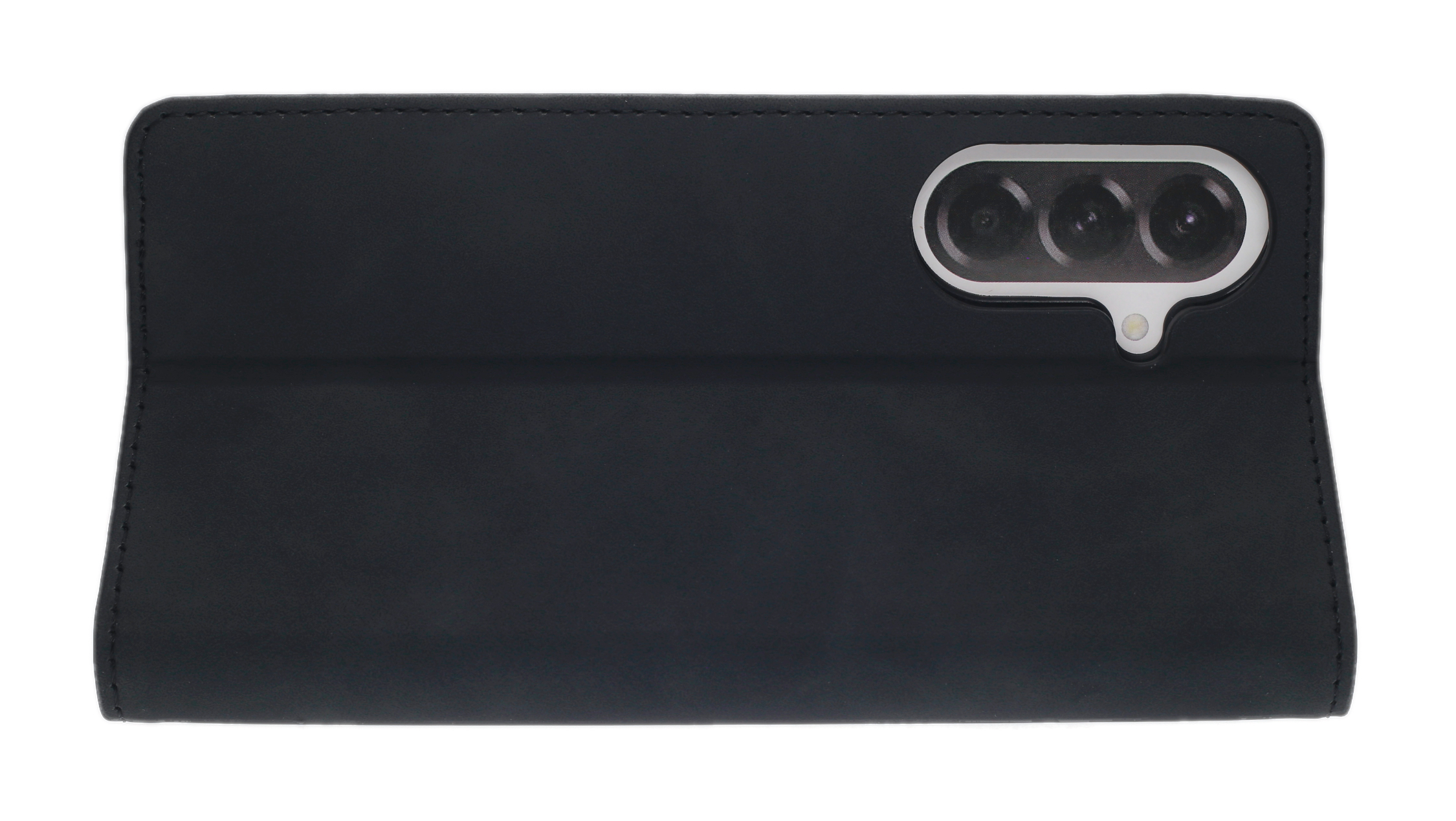 Schwarzes Flip-Case für Smartphone mit drei Kameralinsen und Blitz.