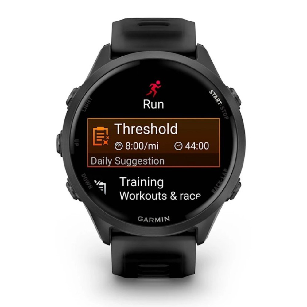 Czarny zegarek Garmin wyświetla ekran Bieg z Progiem, 8:00/milę, czas 44:00.