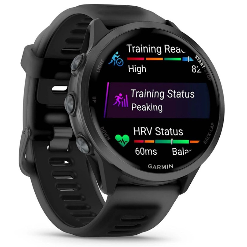 Czarny zegarek Garmin wyświetla status treningu: Szczyt. Pokazuje też status HRV.