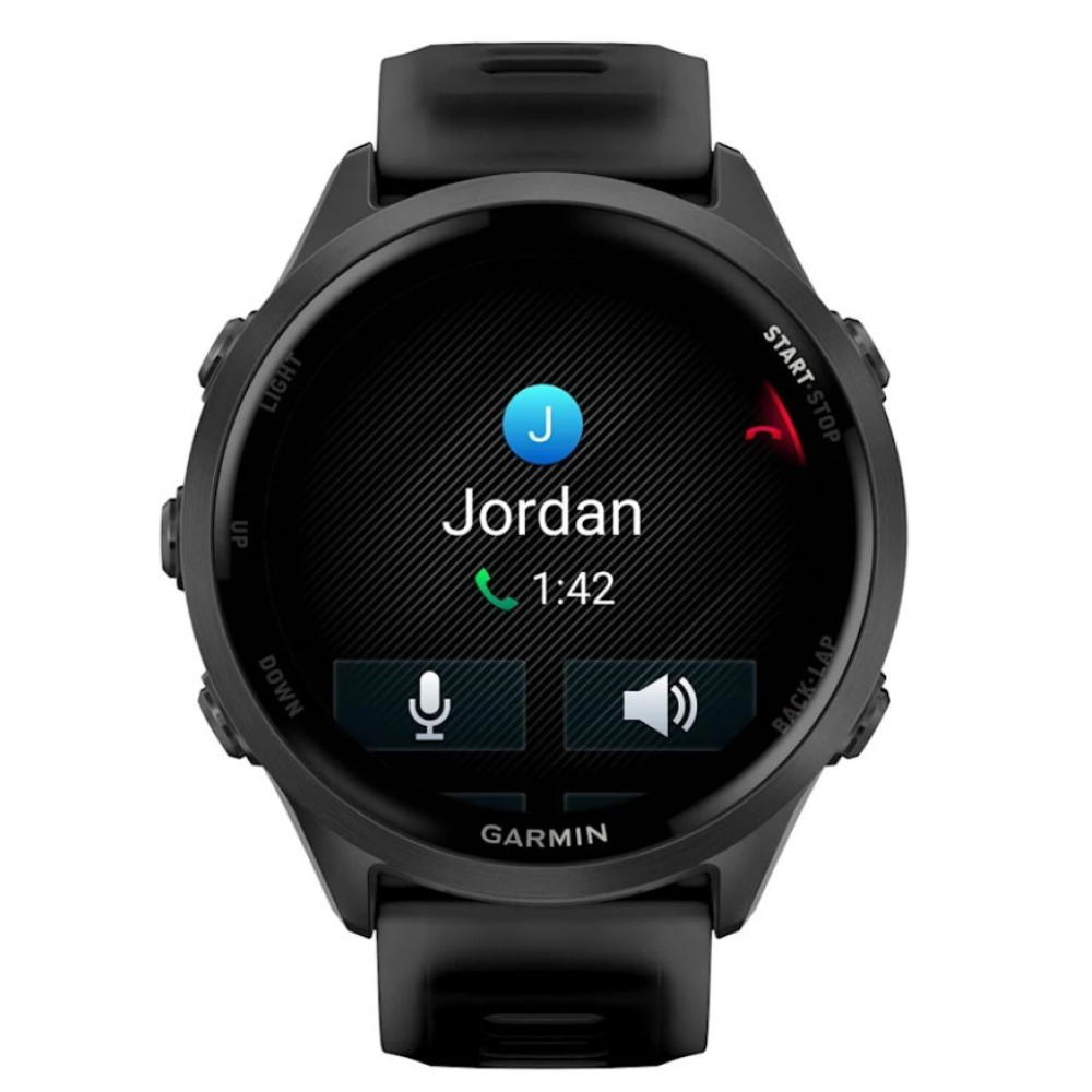 Czarny smartwatch wyświetla połączenie od Jordana, 1:42 min., z ikonami mikrofonu i głośnika.