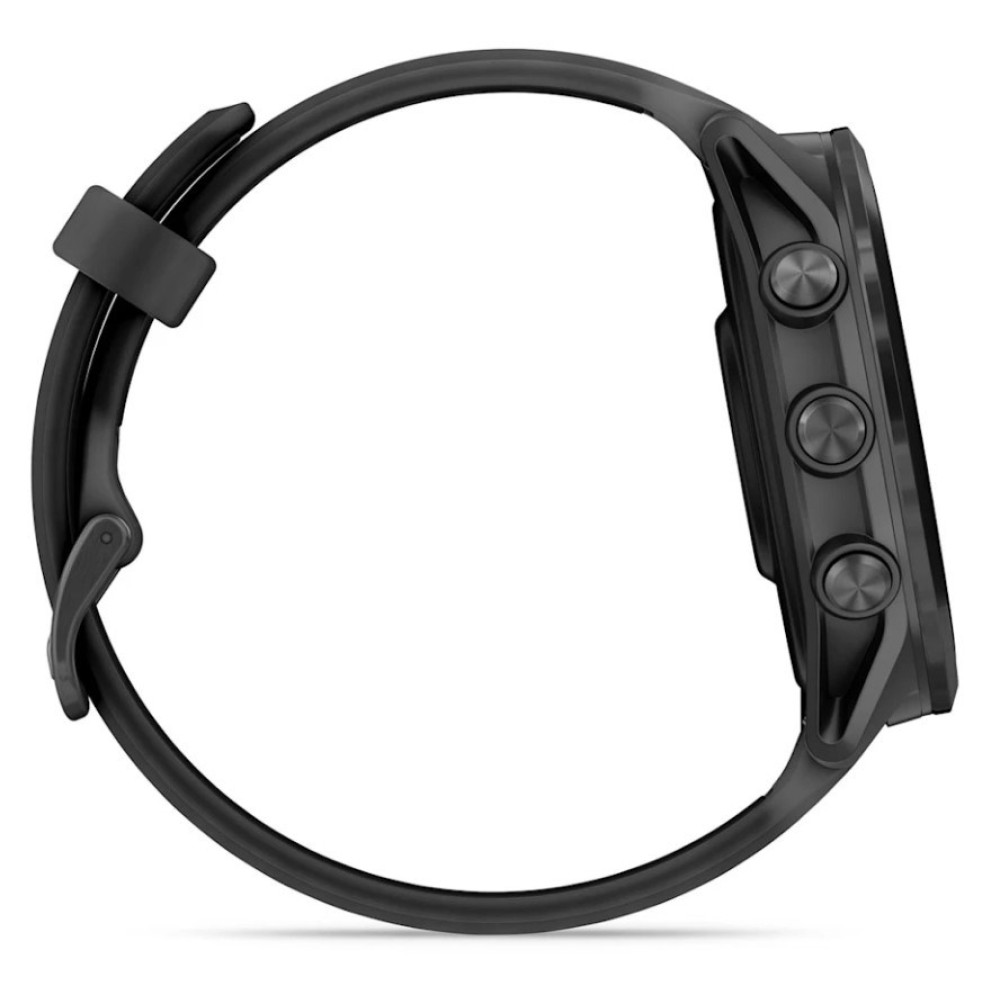 Czarny smartwatch z przyciskami po bokach i czarnym paskiem.