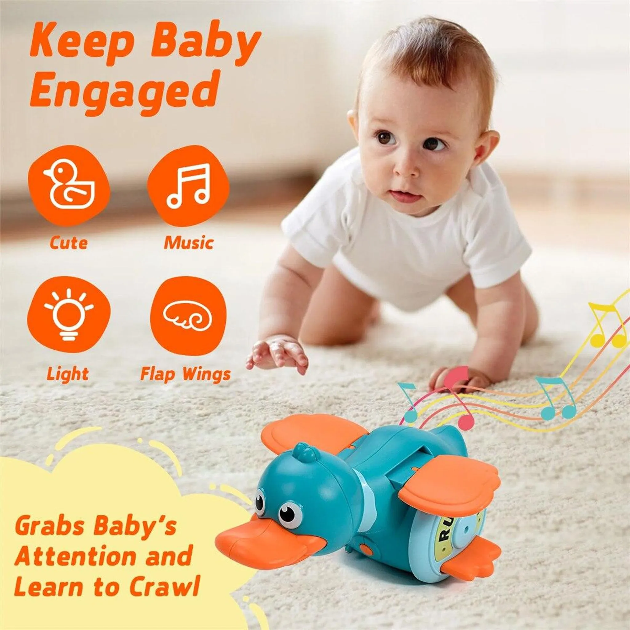 Ein Baby krabbelt auf ein musikalisches Entenspielzeug zu. Symbole zeigen Ente, Musik, Licht, Flügel.