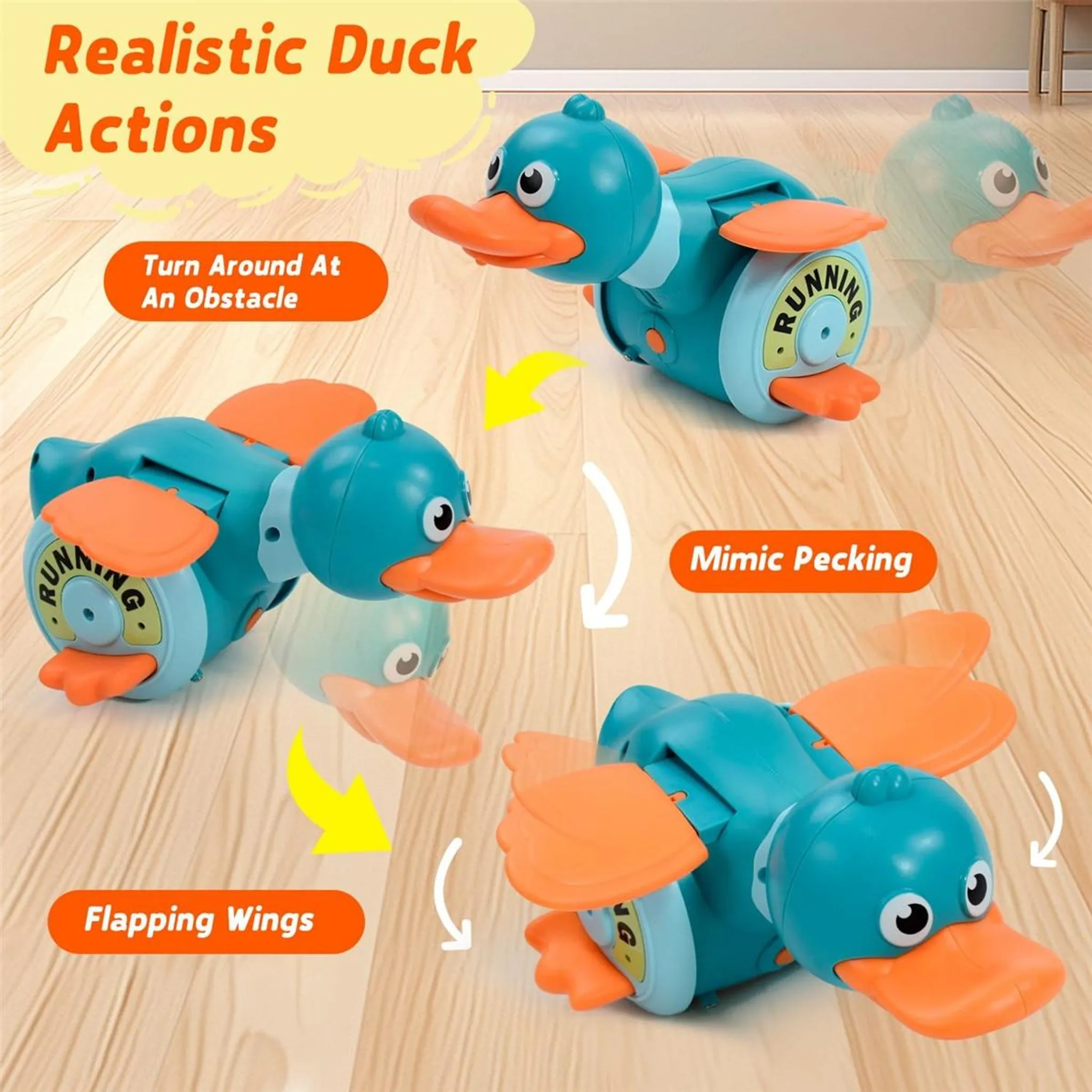 Ein blauer Spielzeug-Ente mit orangefarbenem Schnabel und Flügeln auf Holzboden.