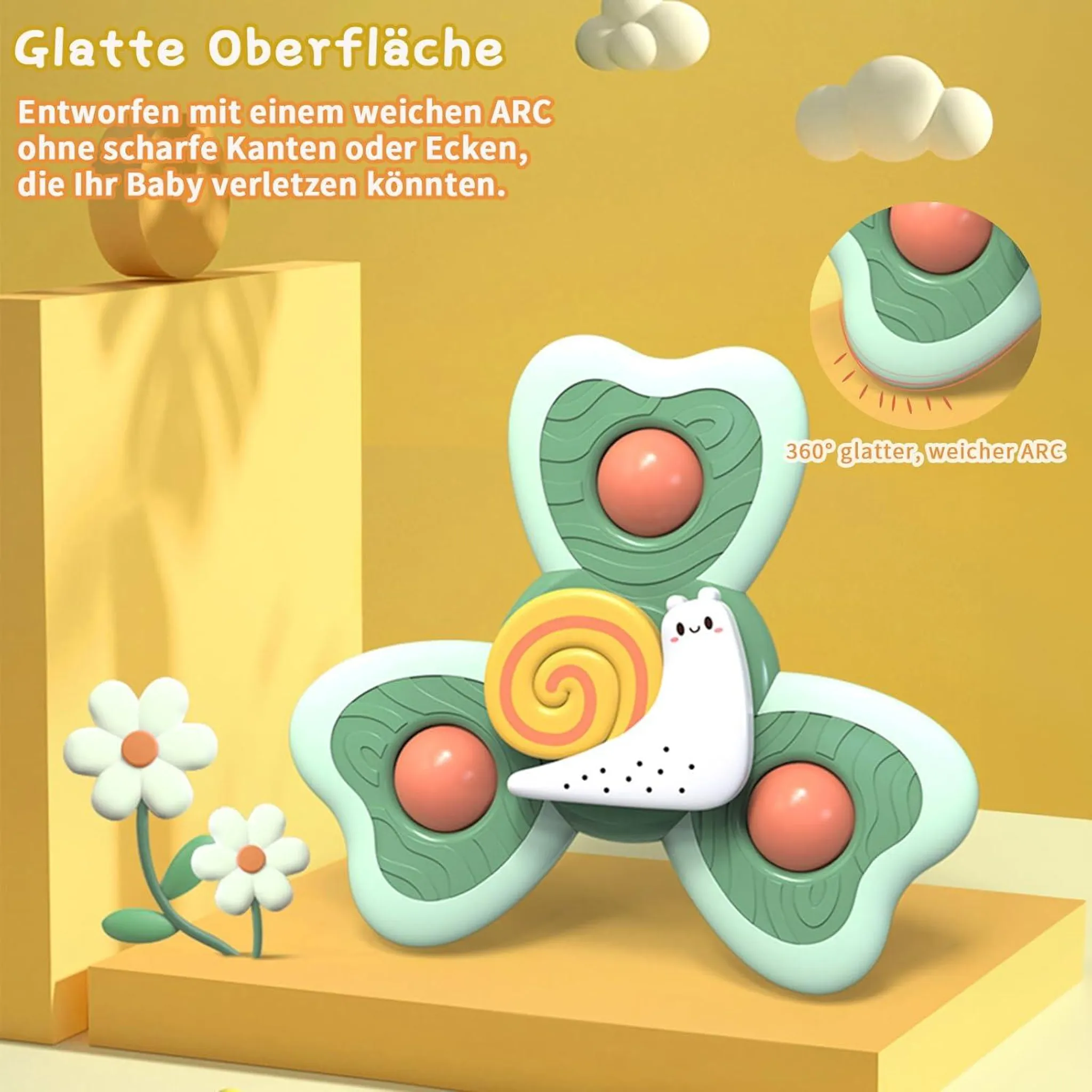 Ein Baby-Fidget-Spinner in Form einer Schnecke mit weichen Kanten.