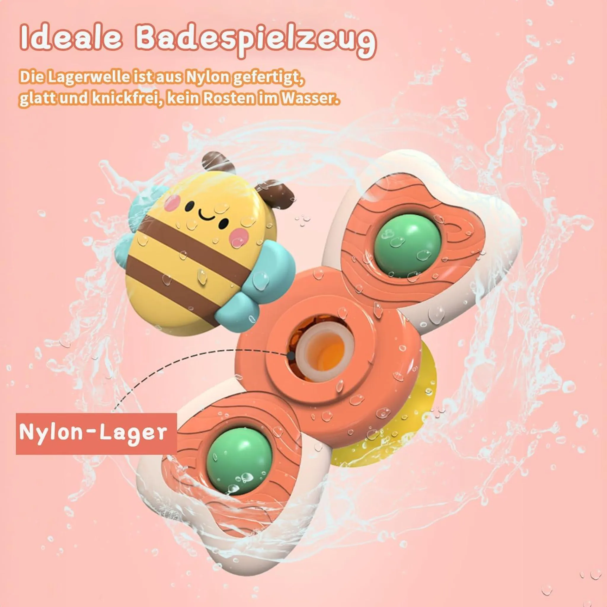 Ein niedlicher Bienenbadewannen-Spinner mit grünen Kugeln und Wasserspritzern.
