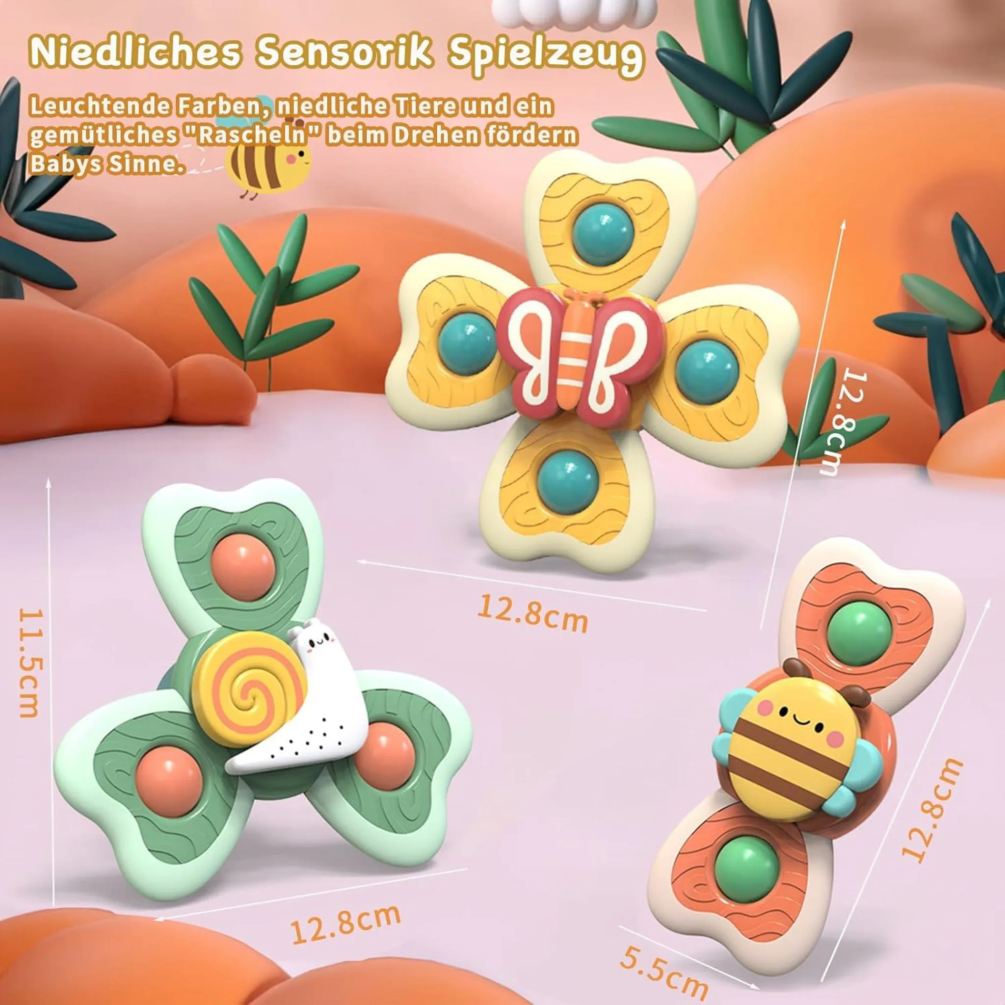 Bunte Sensorik-Spielzeuge: Schmetterling, Schnecke und Biene mit Maßen.