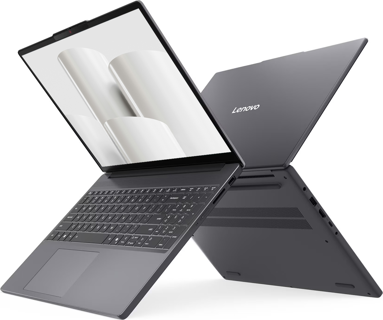 Ekranı ve klavyesi açık gri bir Lenovo dizüstü bilgisayar.