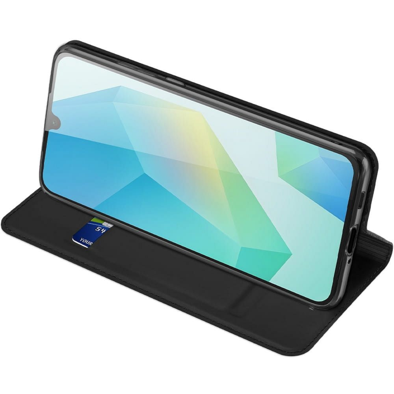 Schwarzes Smartphone im aufgeklappten Leder-Flip-Case mit Karte.