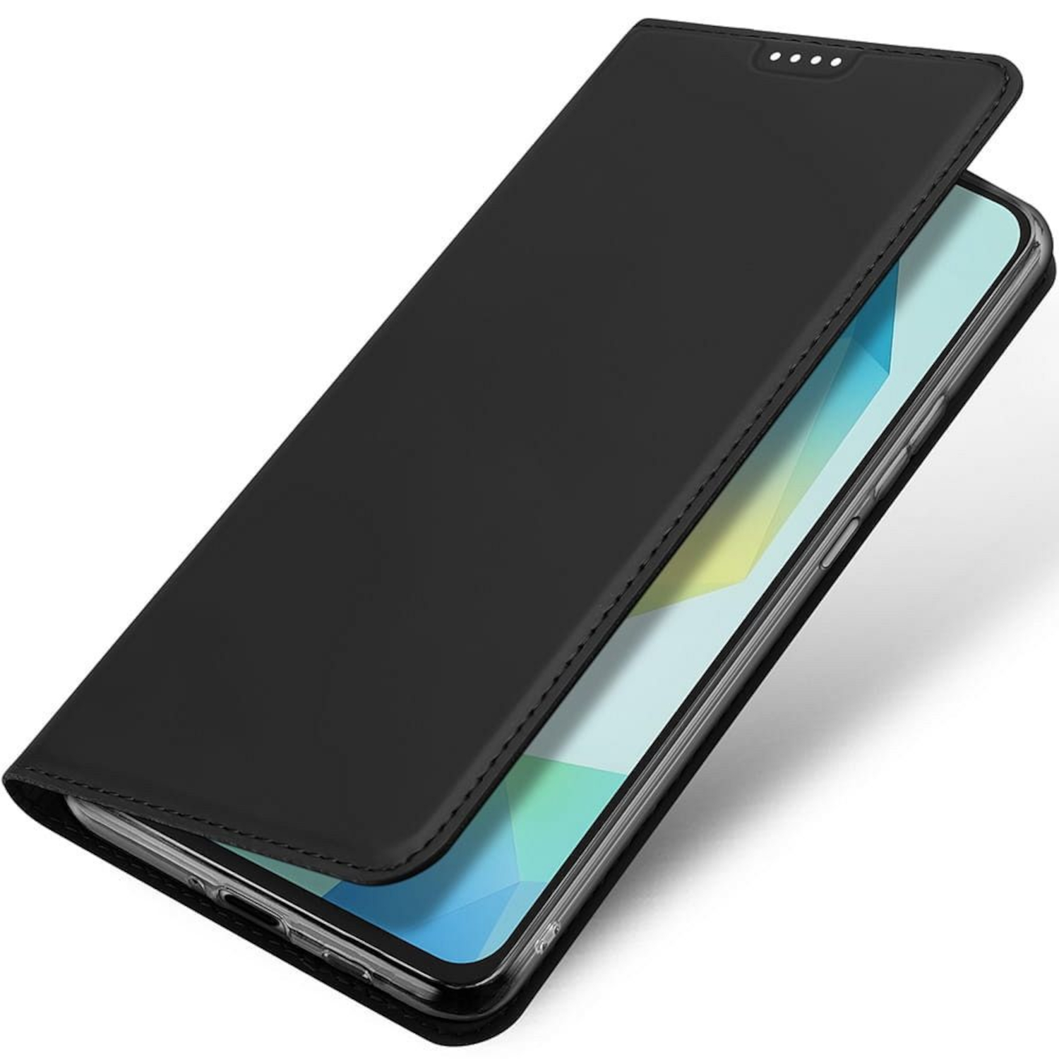 Schwarzes Handy mit aufgeschlagener Hülle, das einen Bildschirm mit geometrischen Mustern zeigt.