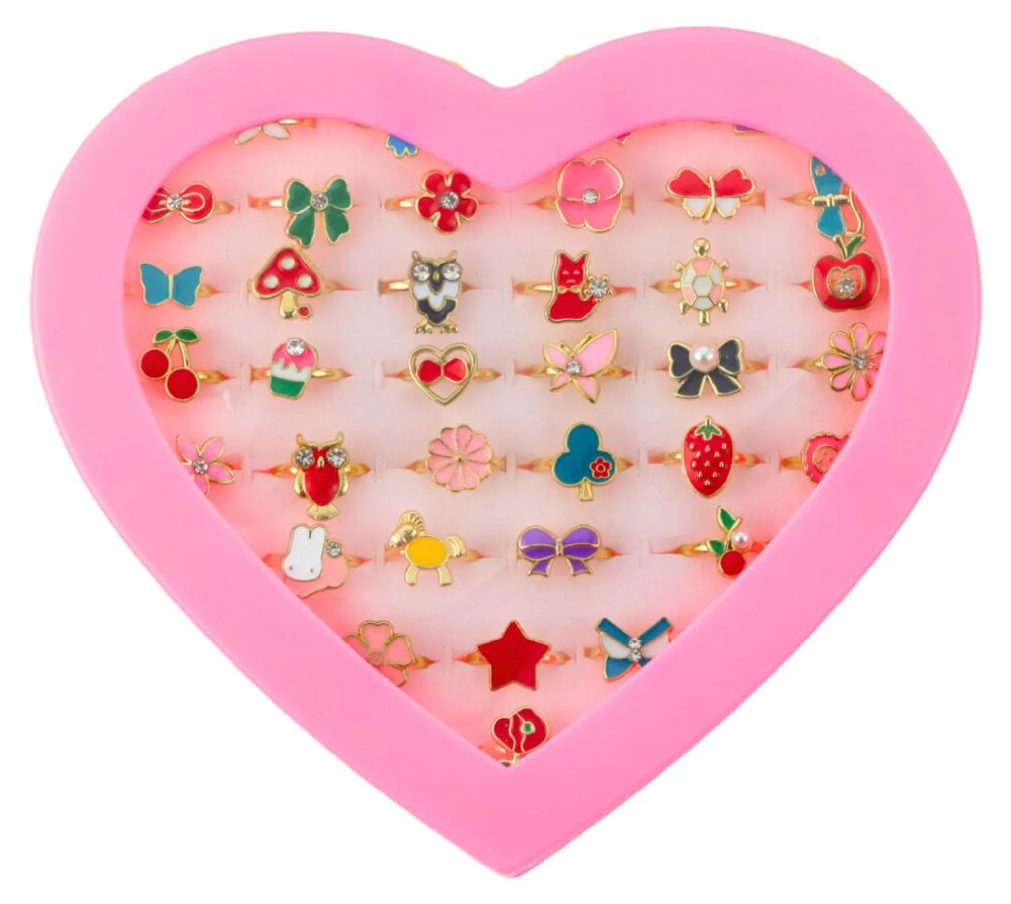Ein rosa Herz-Ringhalter gefüllt mit bunten Ringen mit Motiven.