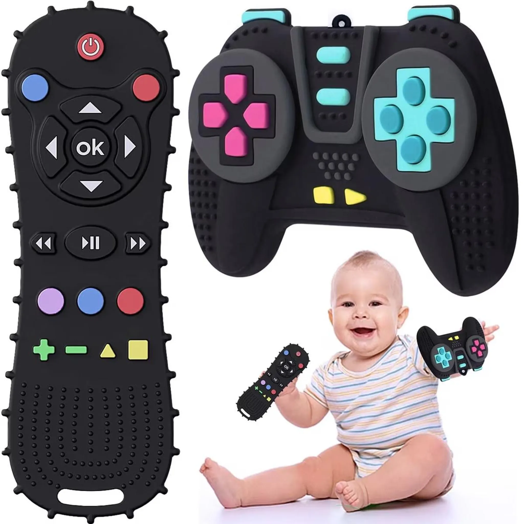 Baby hält Spielzeugfernbedienung und Gamecontroller.