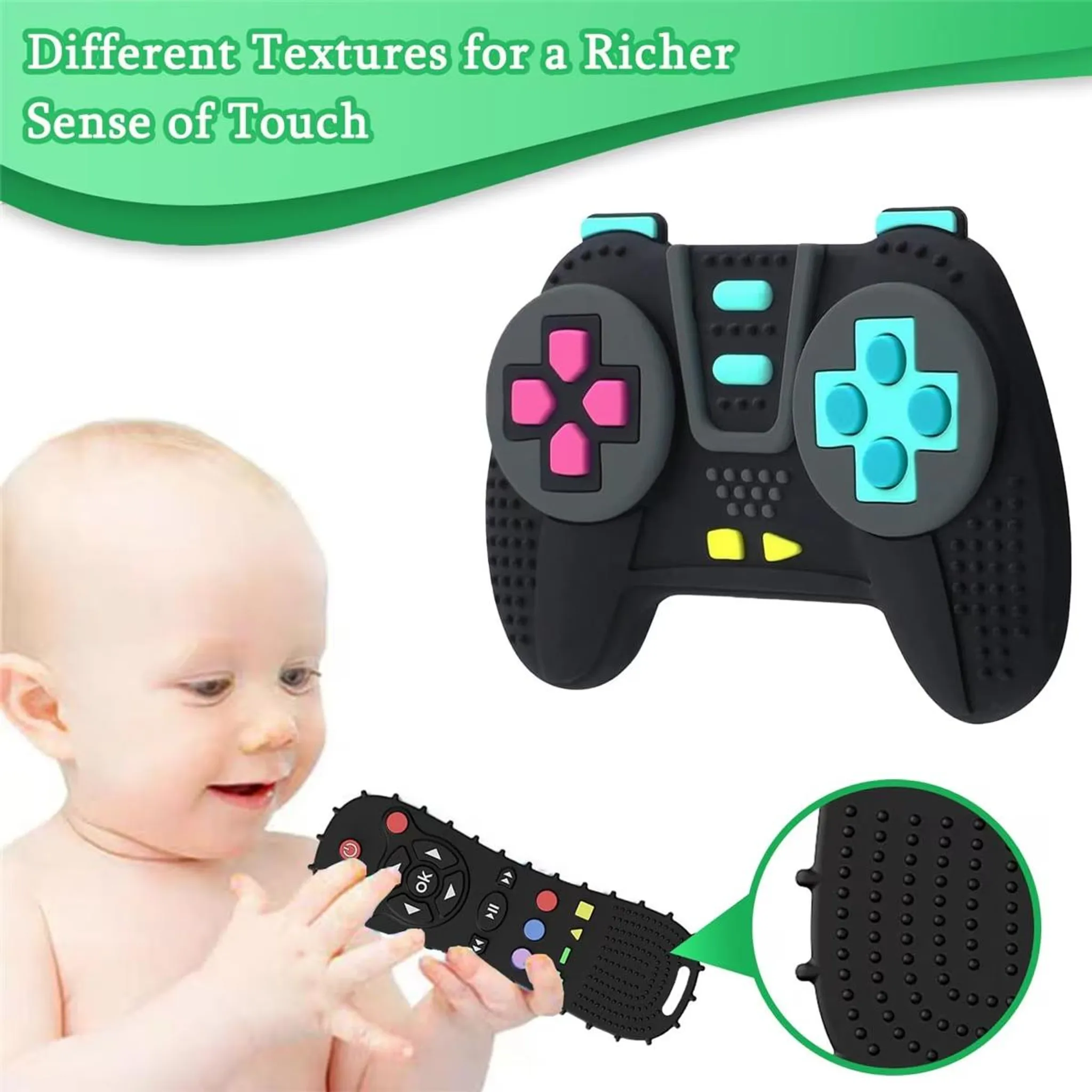 Ein Baby hält einen schwarzen Spielcontroller-förmigen Beißring. Nahaufnahme zeigt Textur.