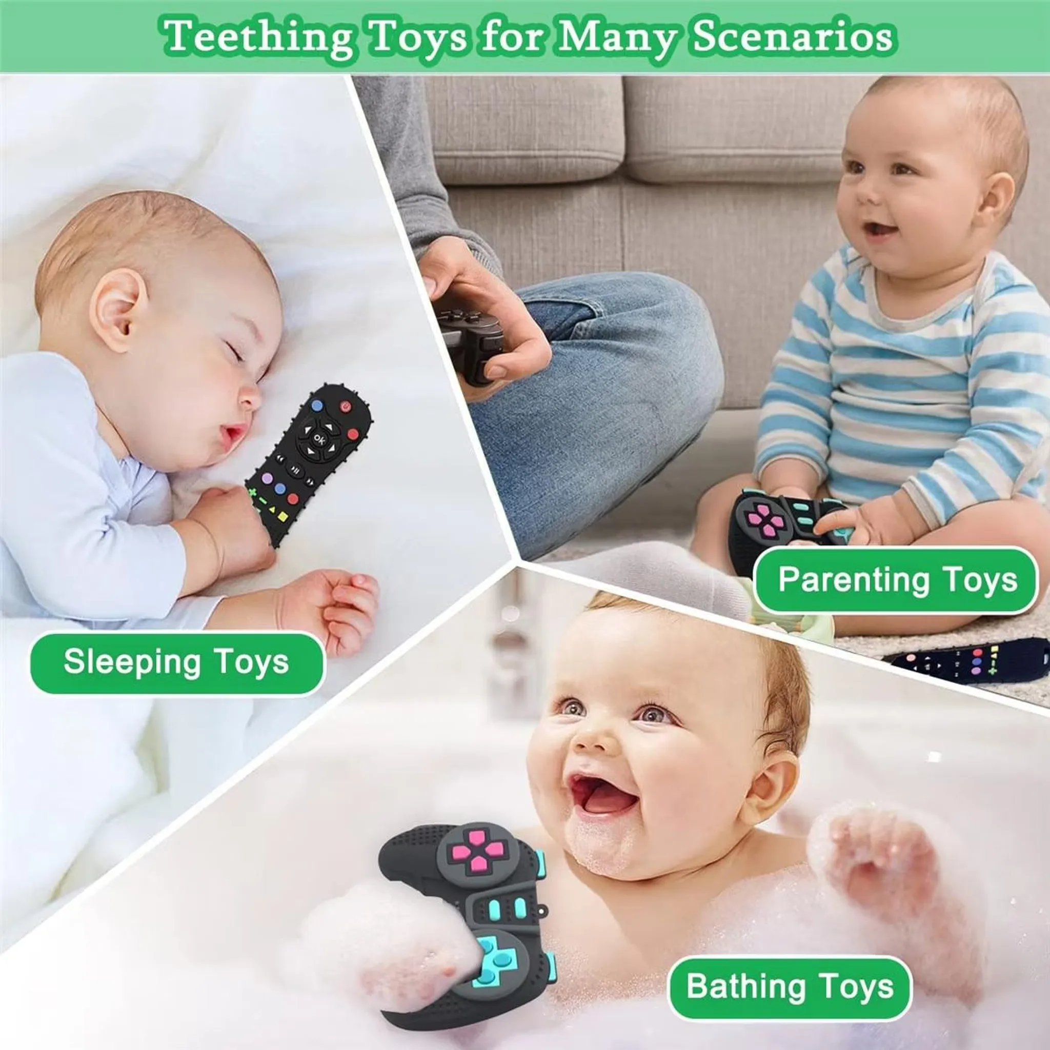 Babys mit Beißspielzeug: schlafend, spielend und badend.