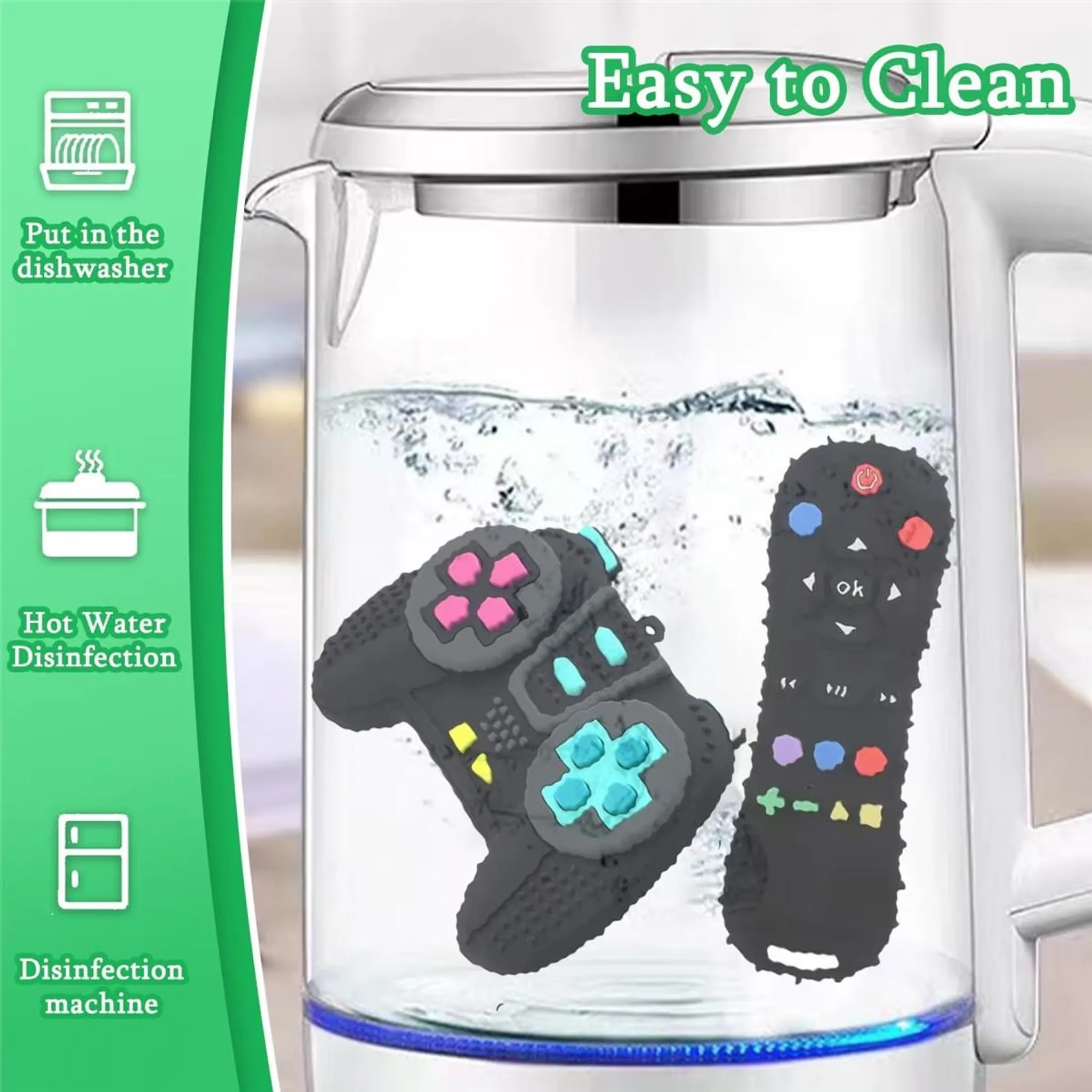 Zwei schwarze Silikonhüllen, geformt wie ein Gamecontroller und eine Fernbedienung, in Wasser eingetaucht.