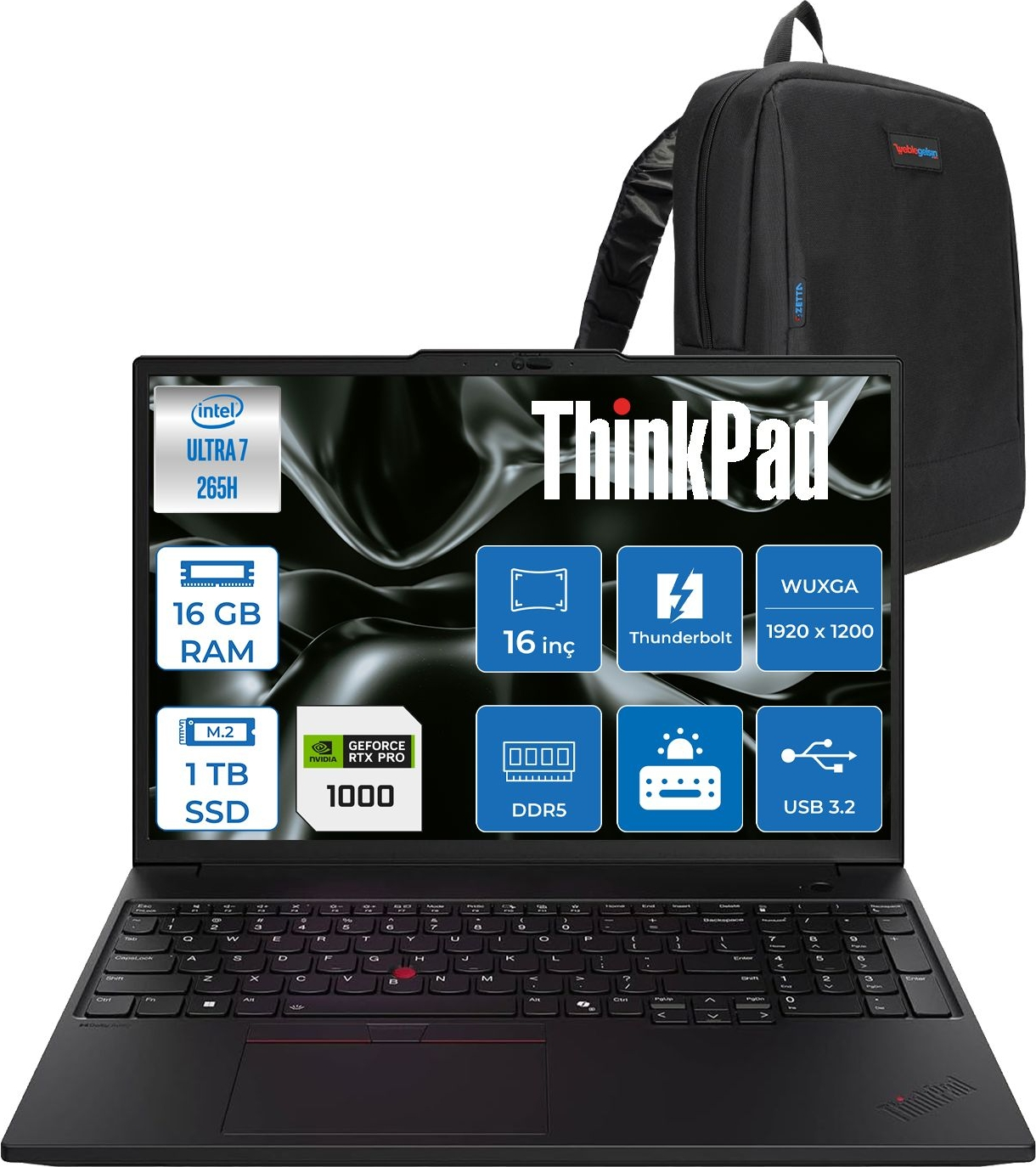 LENOVO ThinkPad P16S G4 8GB RTXPRO1000 IPS 21QV0010TXF02 Intel Core Ultra 7 265H 16 GB RAM 1 TB SSD 16 inç FreeDOS Laptop+Çanta Siyah