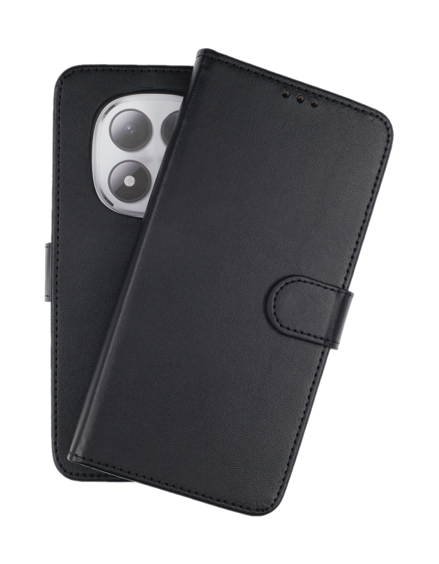 Schwarzes Leder-Flip-Case für ein Smartphone mit Kamera-Ausschnitt.