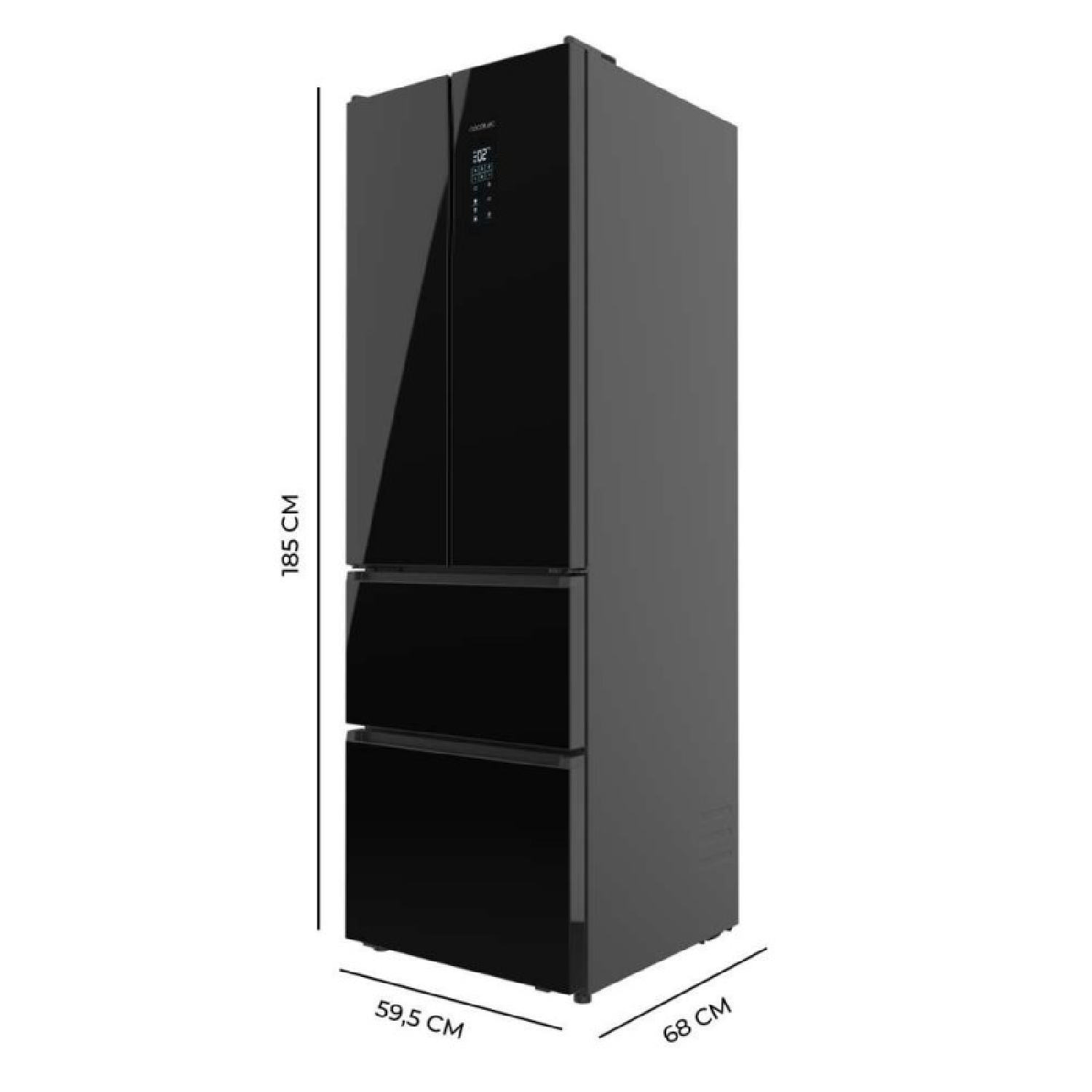Frigorifero nero con tre ante e cassetti, alto 185 cm.