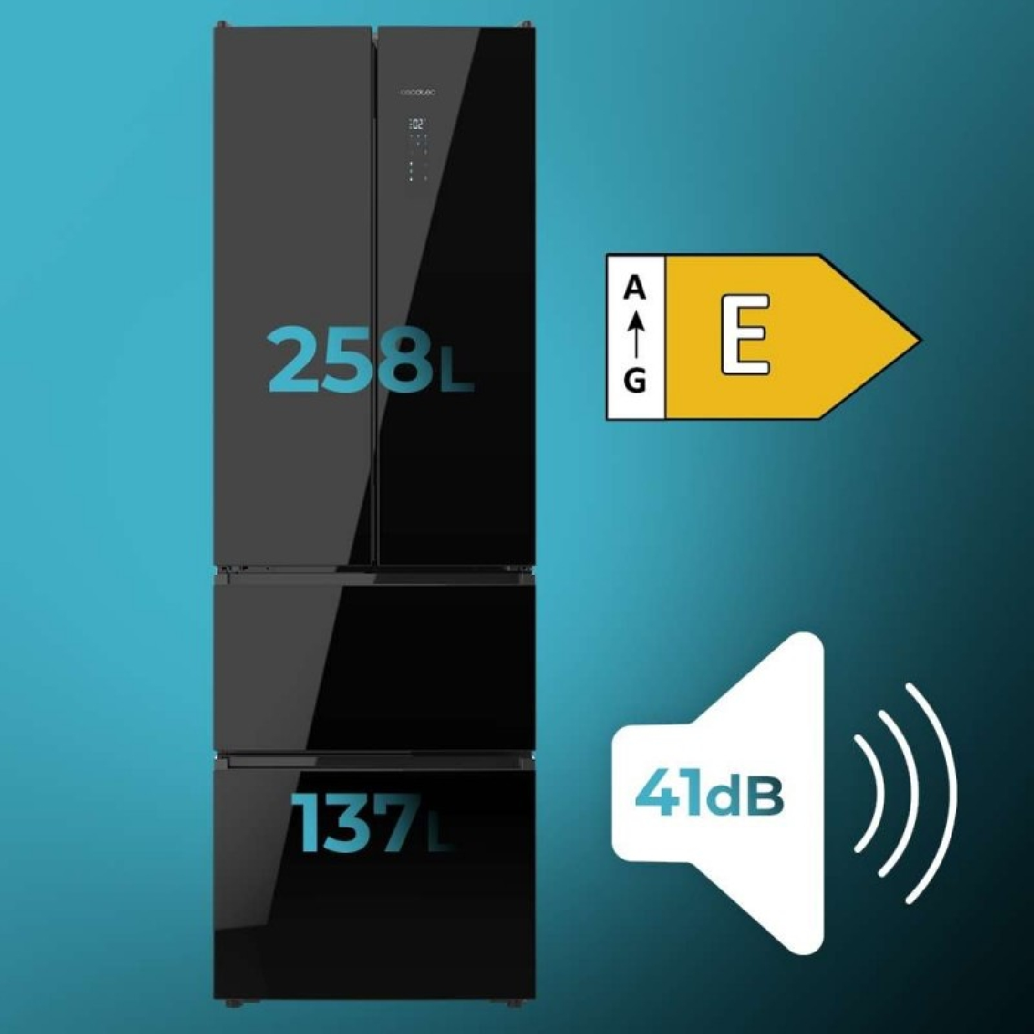 Frigorifero nero da 258L e 137L, efficienza energetica E, rumorosità 41dB.