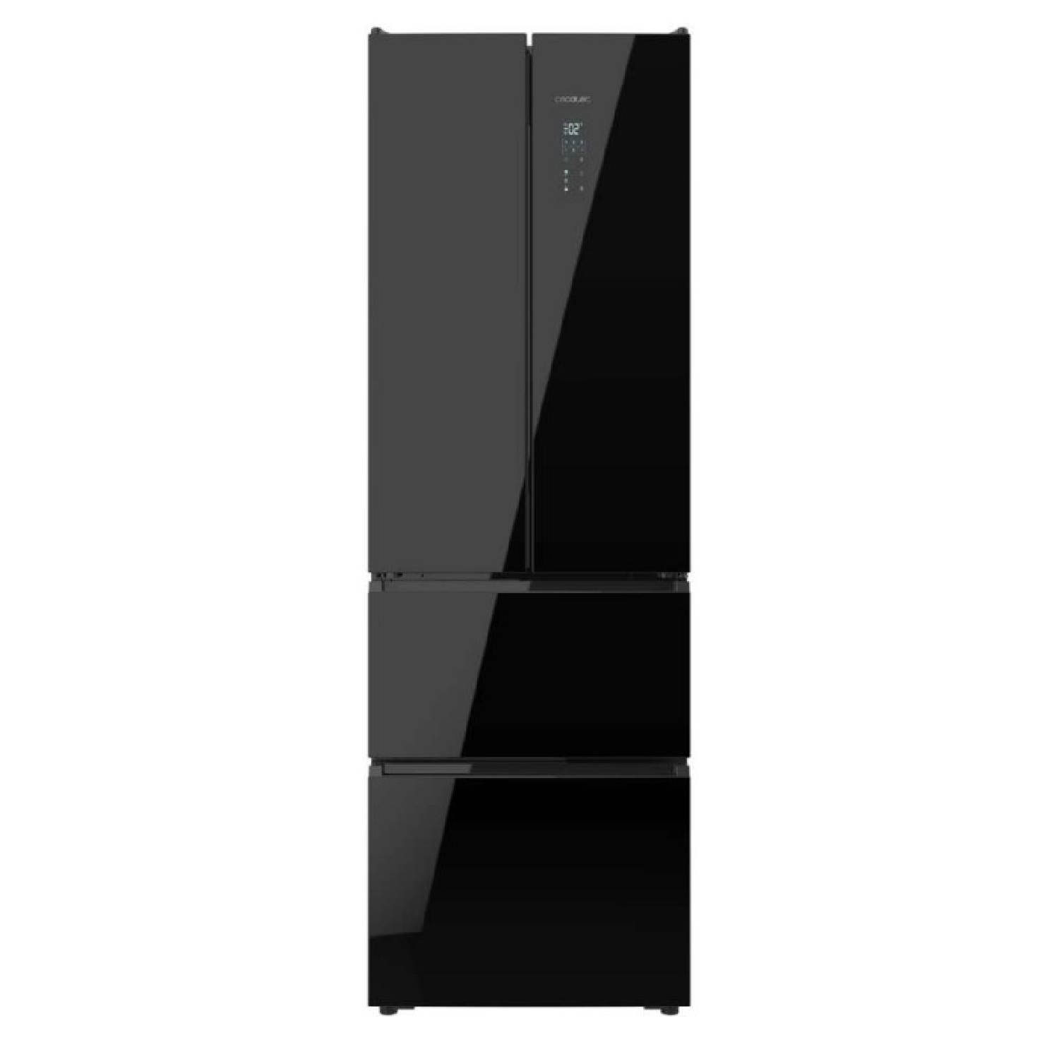 Un frigorifero nero con scomparto congelatore e display touchscreen.