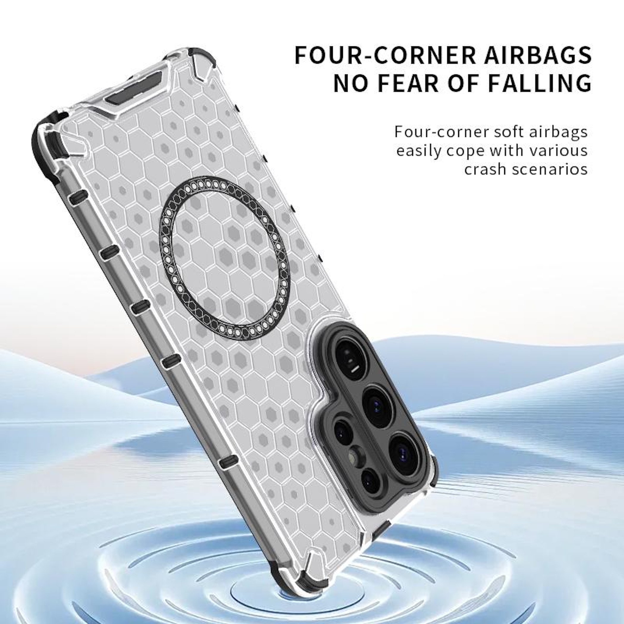 Una funda de teléfono gris con diseño de panal y cuatro airbags cayendo al agua.