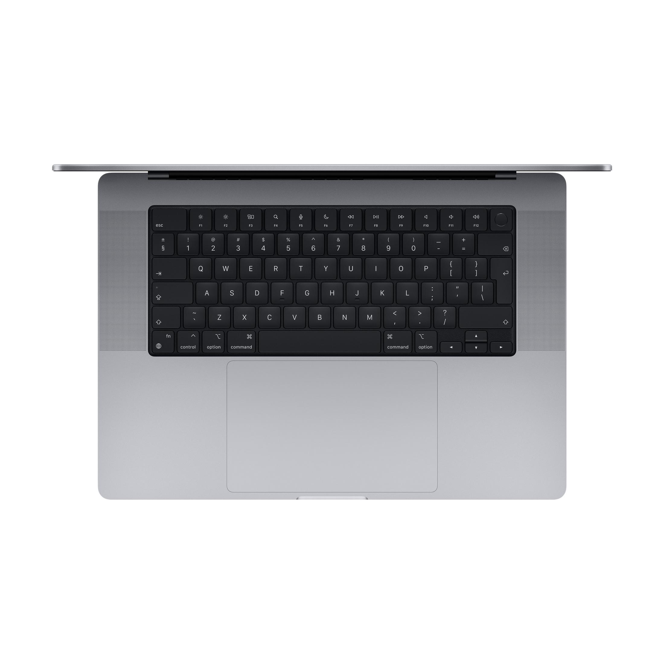 Draufsicht eines silbernen Laptops mit Tastatur und Trackpad. Der Bildschirm ist geöffnet.