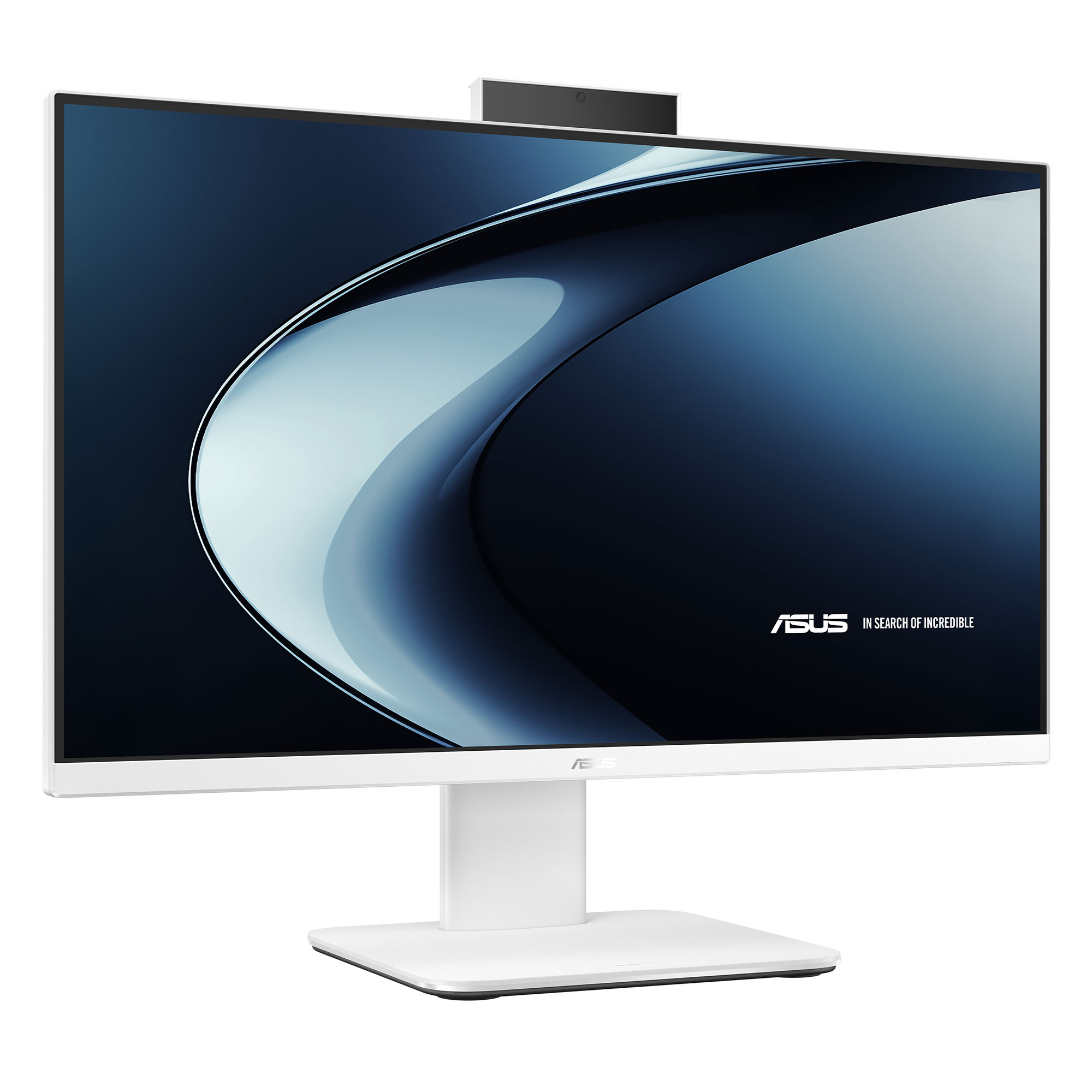 Modern tasarımlı beyaz ASUS Hepsi Bir Arada bilgisayar, kamera aparatı mevcut.