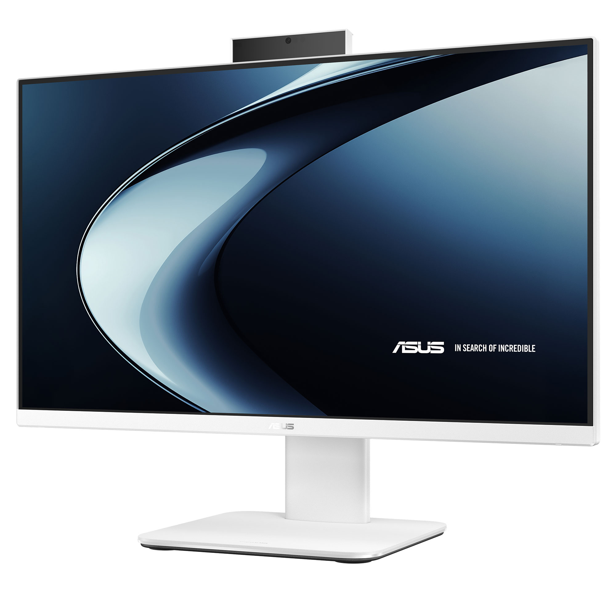 Kamerası olan beyaz ASUS monitör, stand üzerinde duruyor. Koyu arka plan.