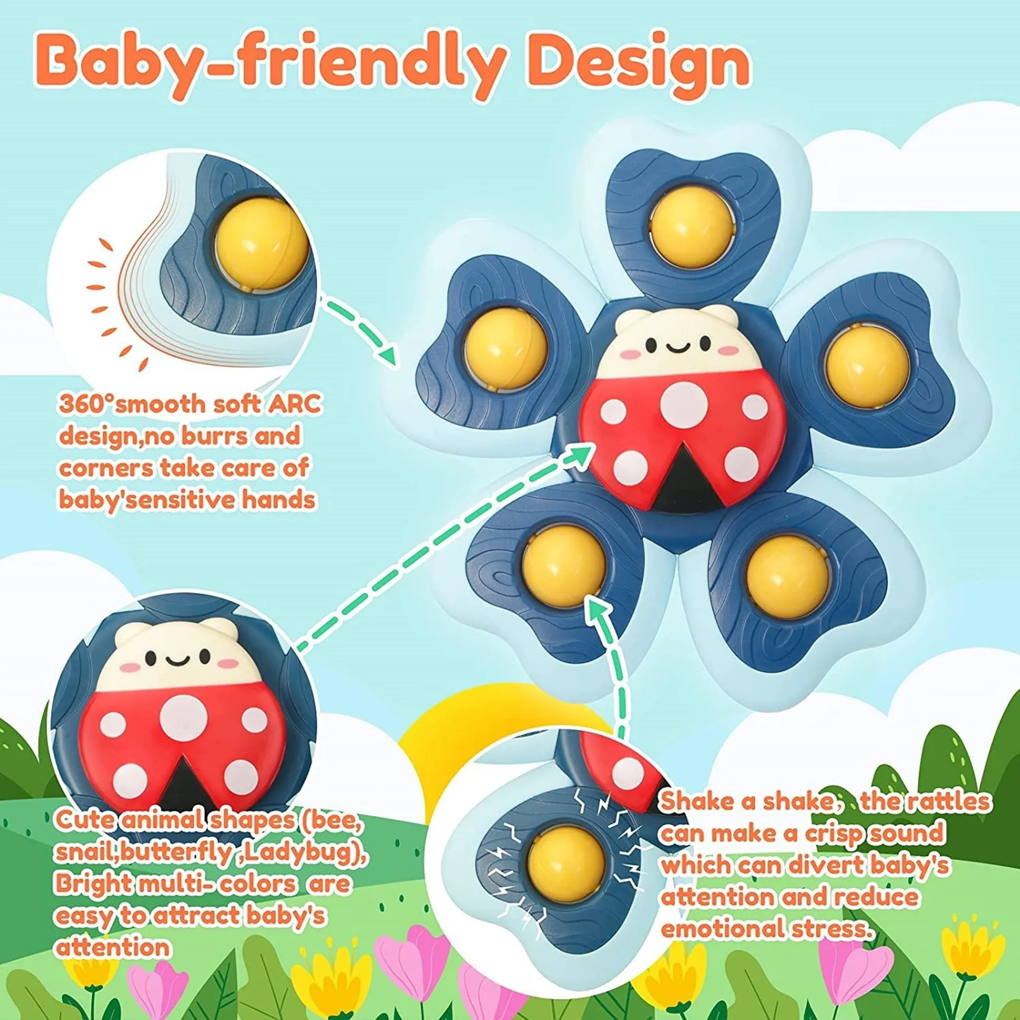 Ein blauer Spielzeug-Spinner mit gelben Kugeln und Marienkäfer-Design.