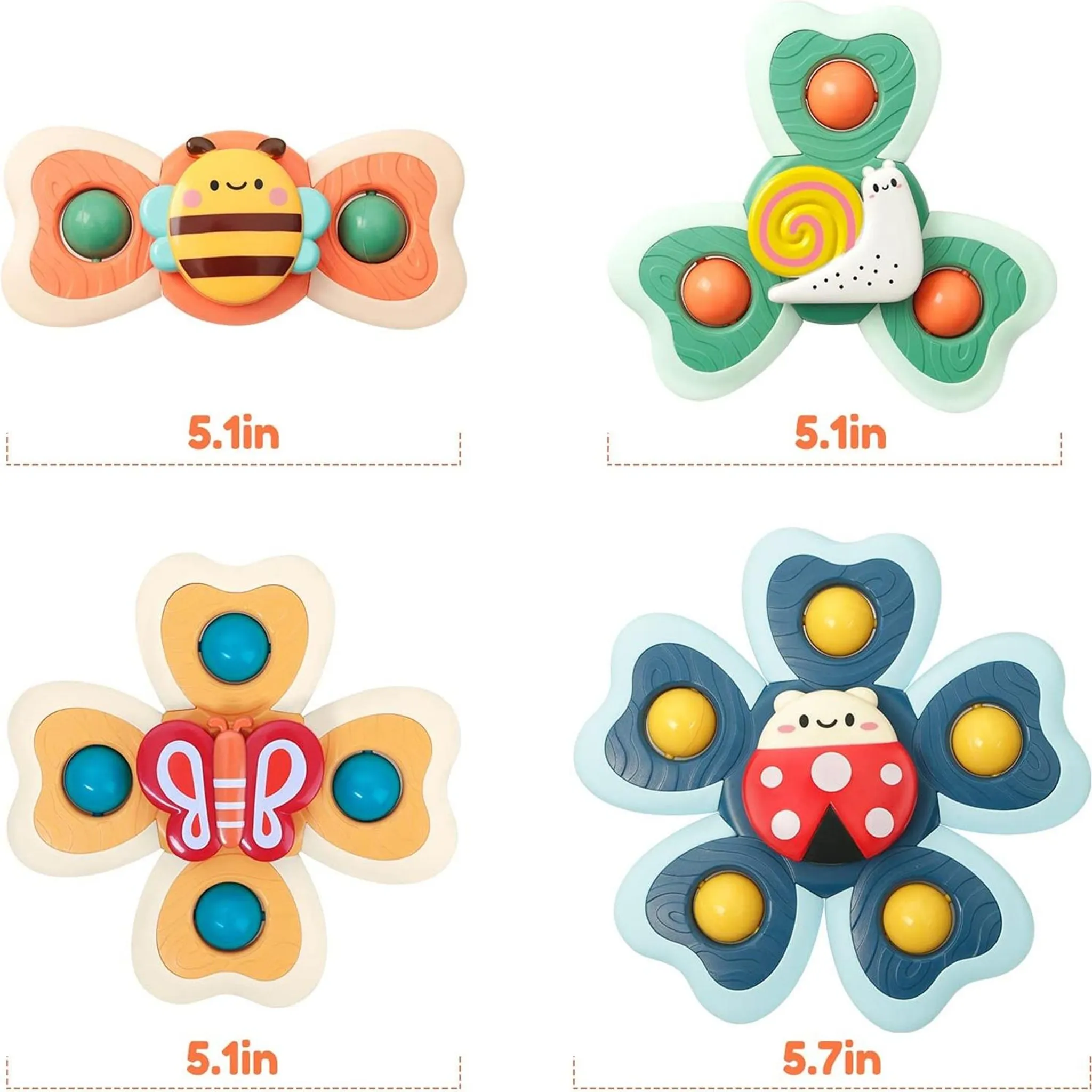 Vier bunte Saugnapf-Spinner mit Tiermotiven: Biene, Schnecke, Schmetterling, Marienkäfer.