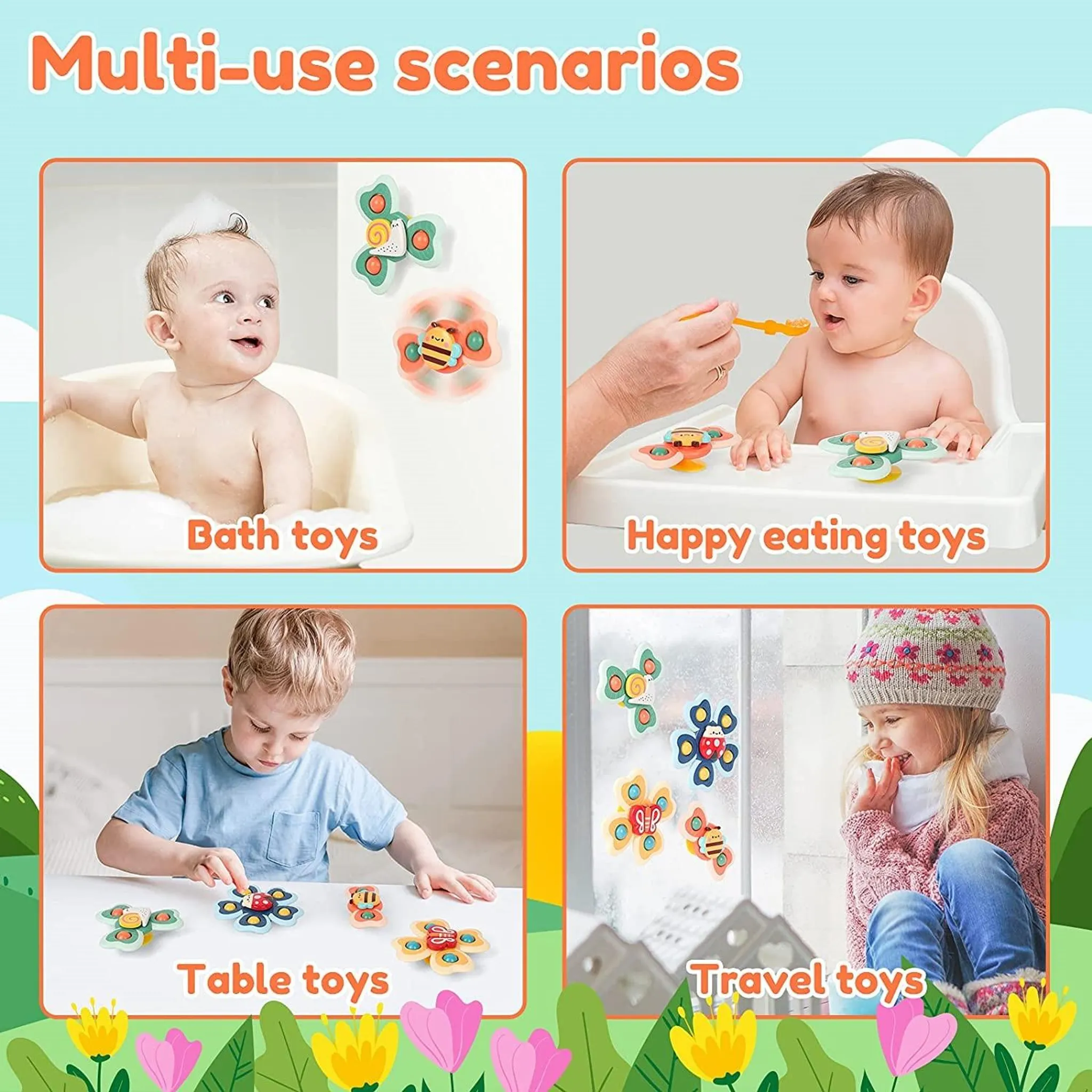 Vier Szenen mit Babys und Kleinkindern, die mit bunten Spielzeugen spielen.