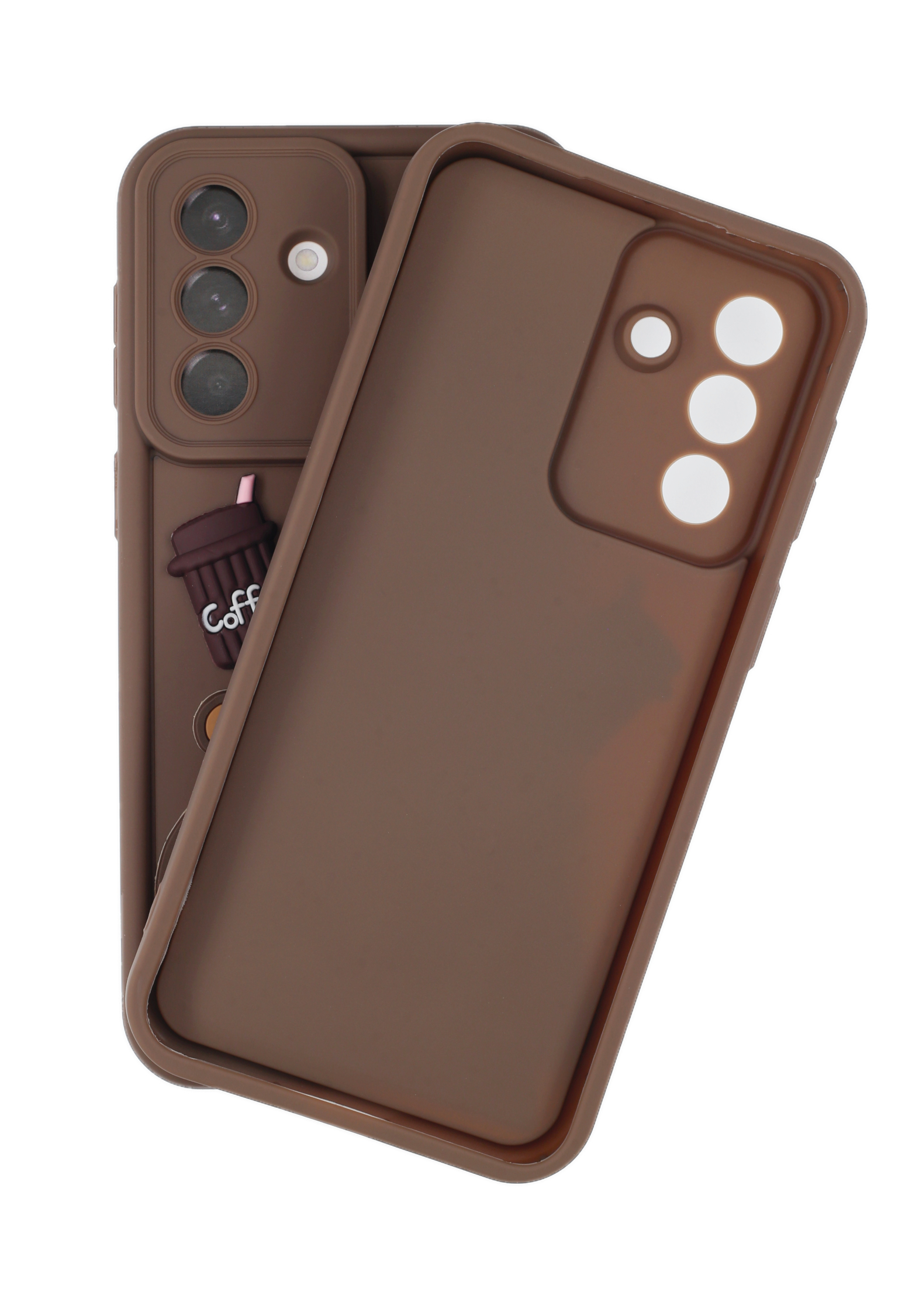 Braune Handyhülle mit Kaffeebecher-Design und drei Kameralinsen.
