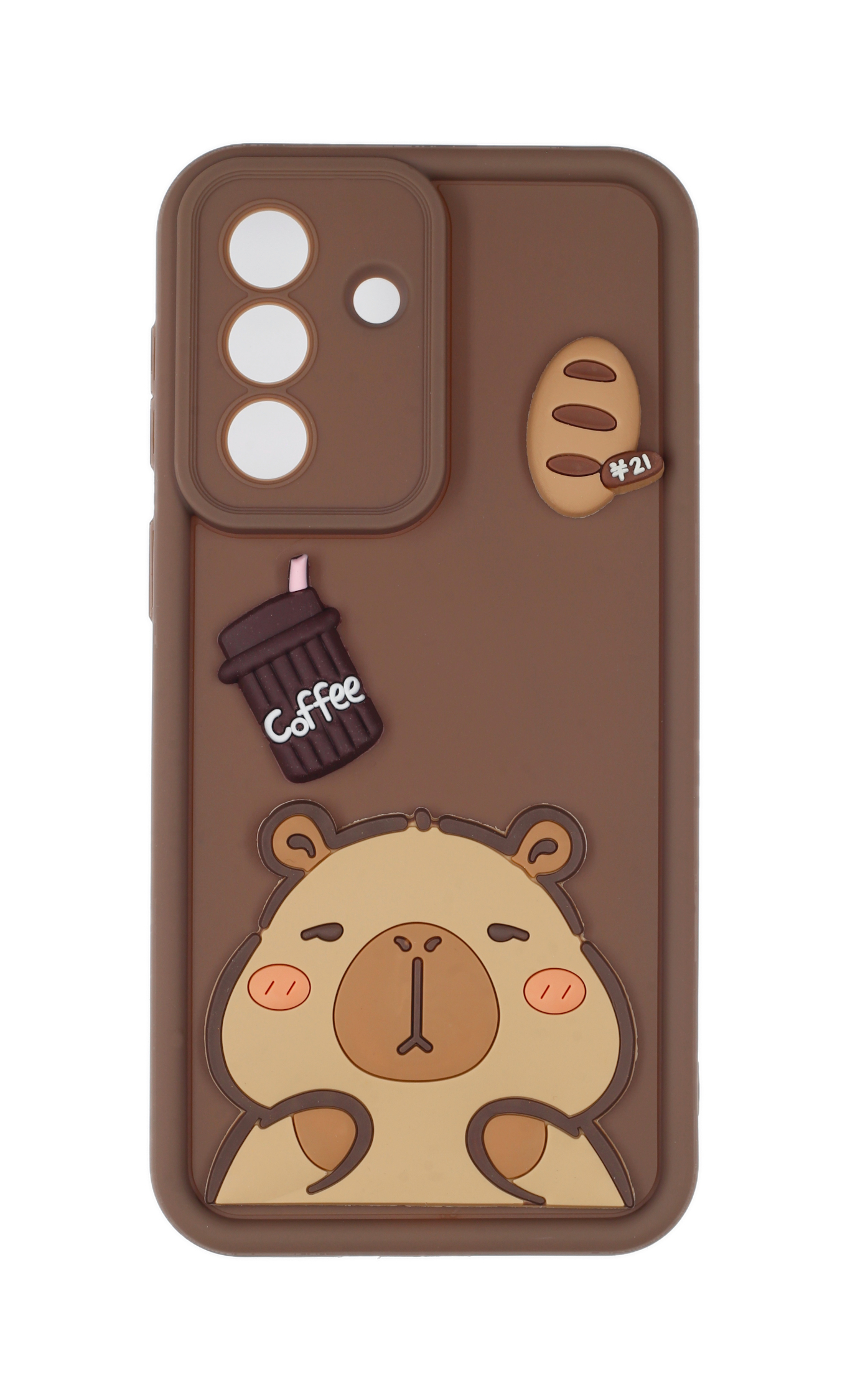 Braune Handyhülle mit Teddybär, Kaffeetasse und Brot.