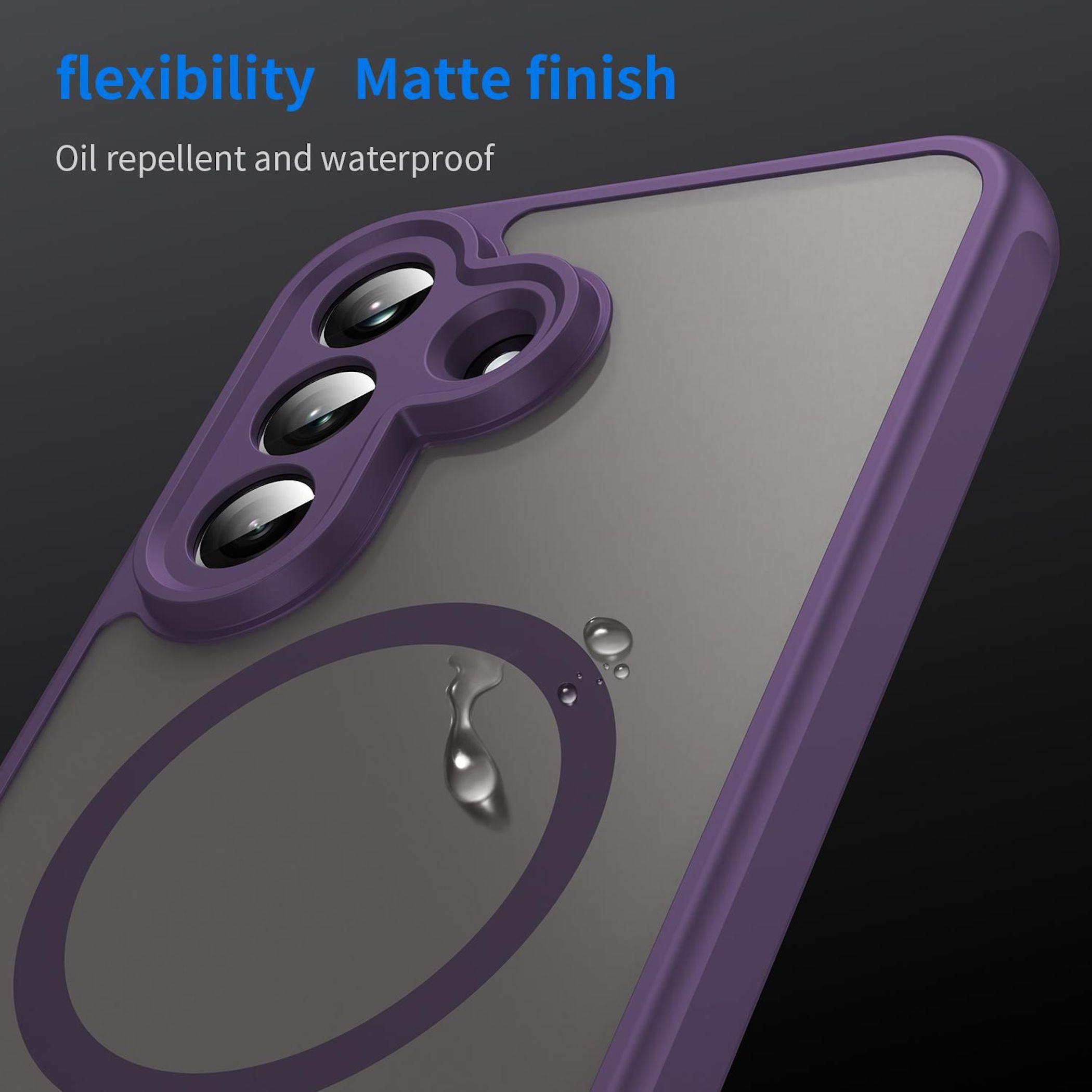 Lila Handyhülle mit mattem Finish, zeigt Wassertropfen und Kameralinsen.