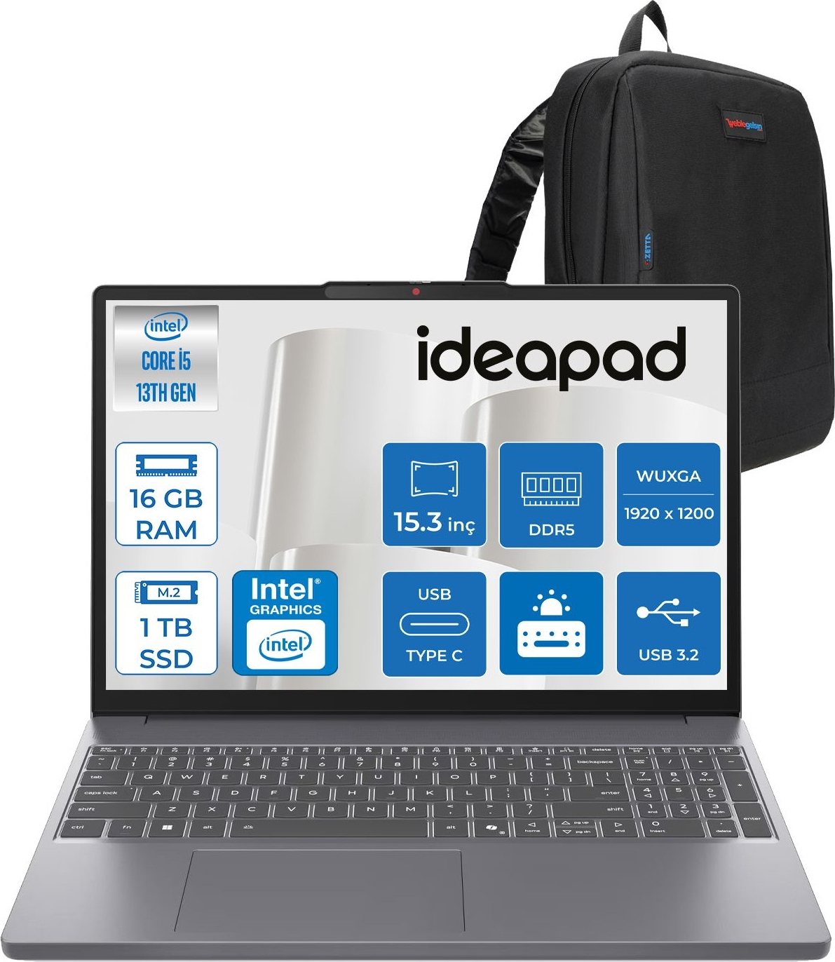 LENOVO IdeaPad Slim 3 15IRH10 WUXGA IPS IP83K100Q0TRF03 Intel Core i5-13420H 16 GB RAM 1 TB SSD 15,3 inç FreeDOS Laptop+Çanta Gri