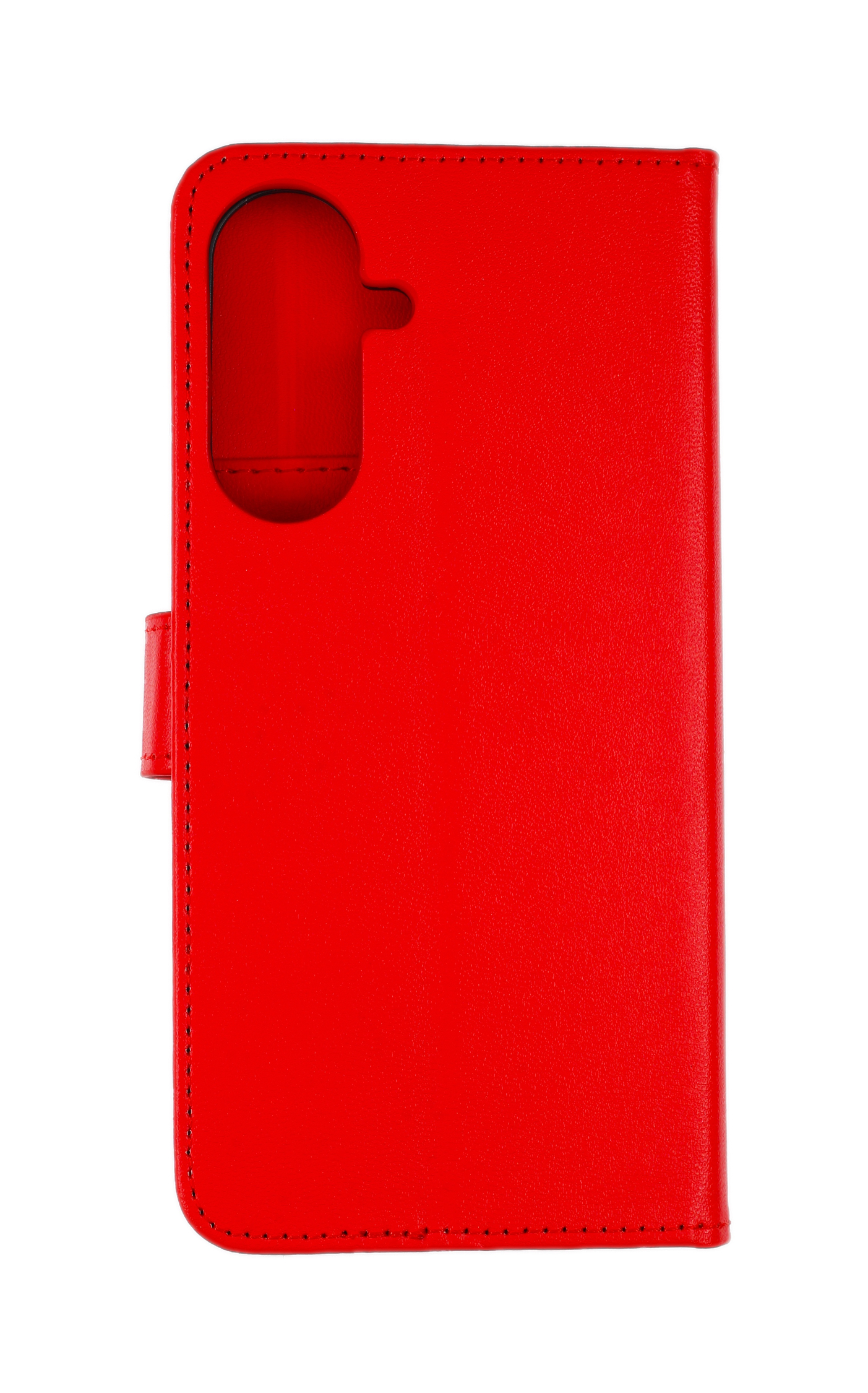 Rotes Leder-Flip-Case für ein Smartphone mit Ausschnitt für die Kamera.