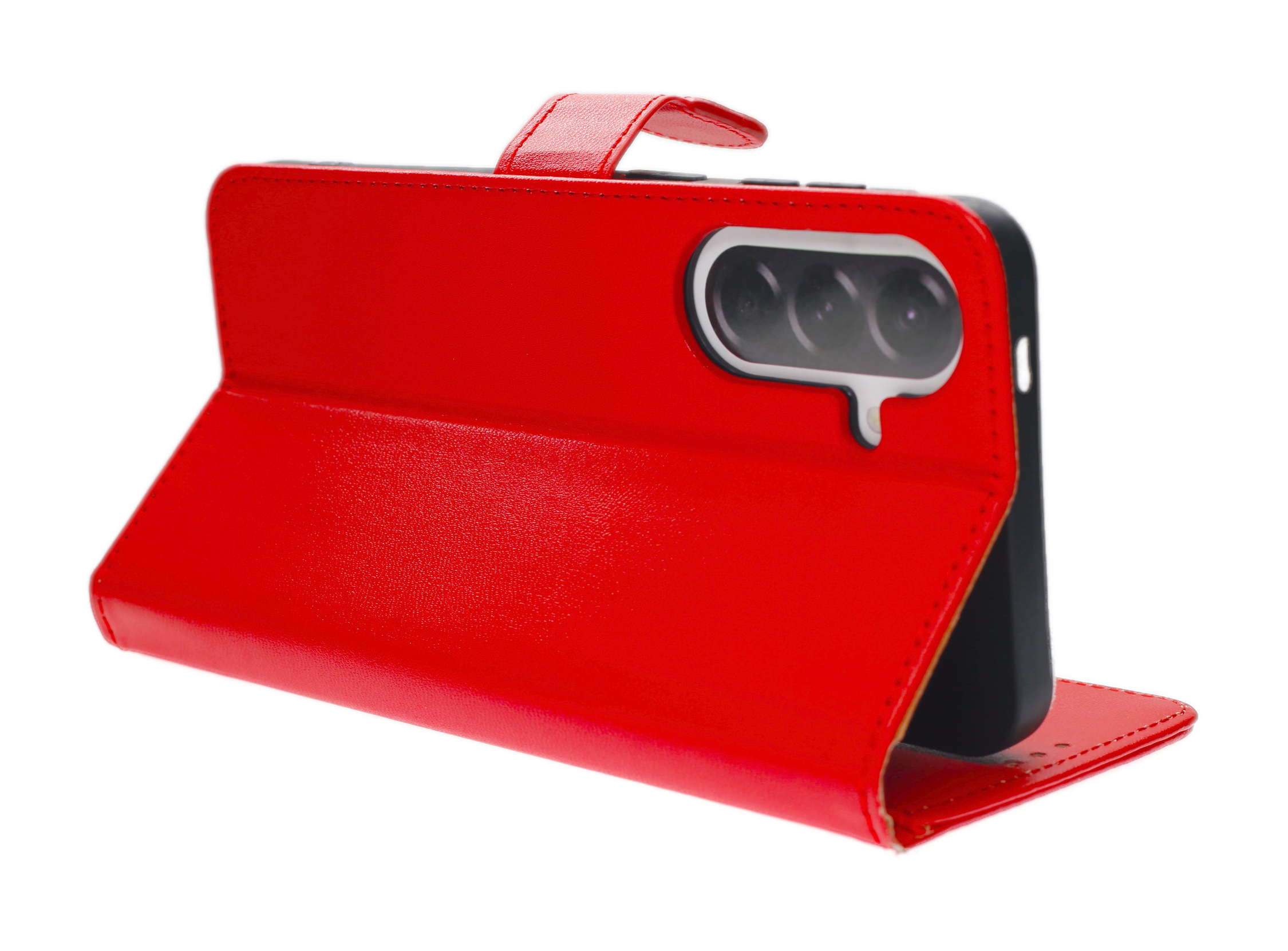 Rotes Smartphone-Flipcase mit Kameraausschnitt, auf weißem Hintergrund.
