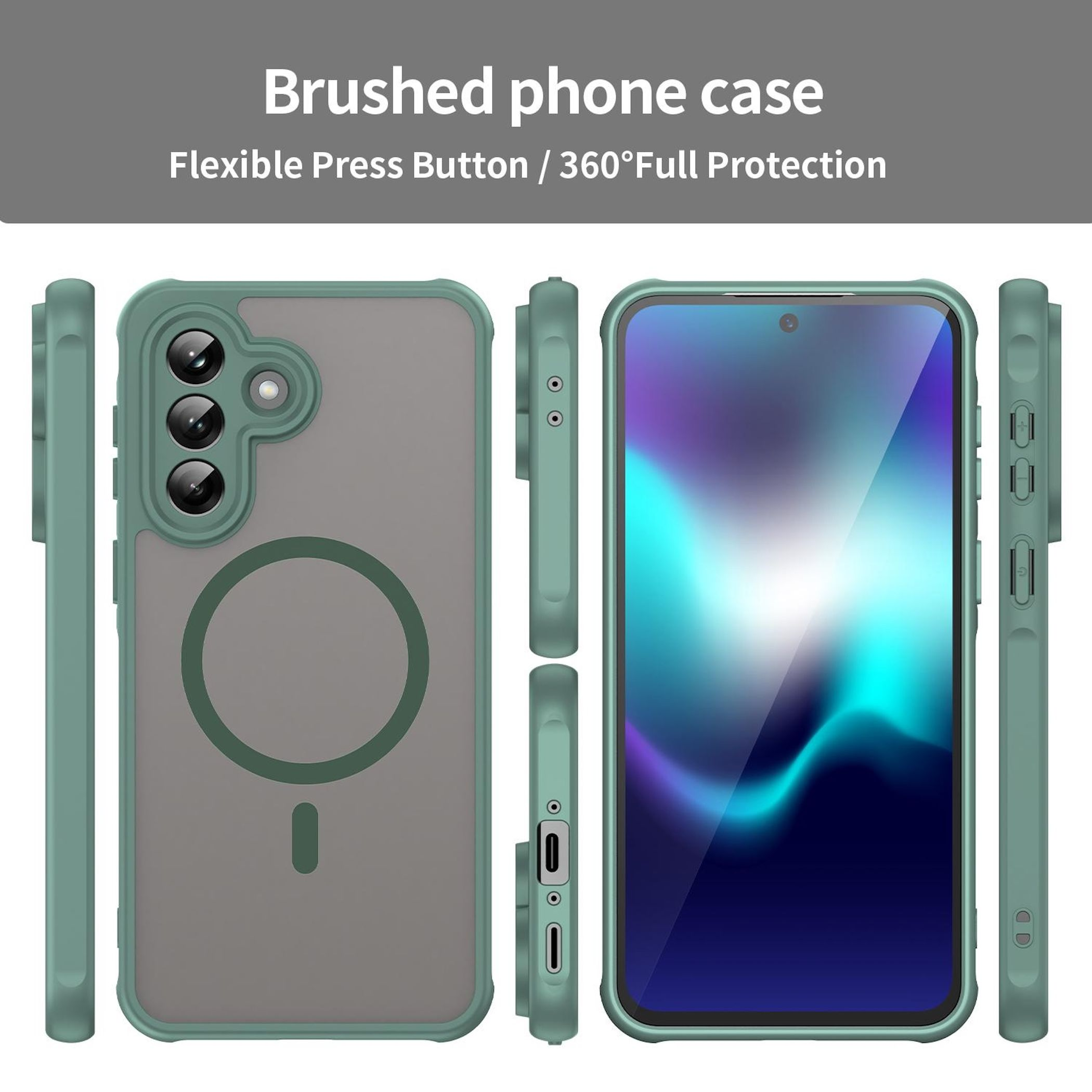 Grüne Handyhülle mit Rückkamera und Magnetring, daneben ein Handy.