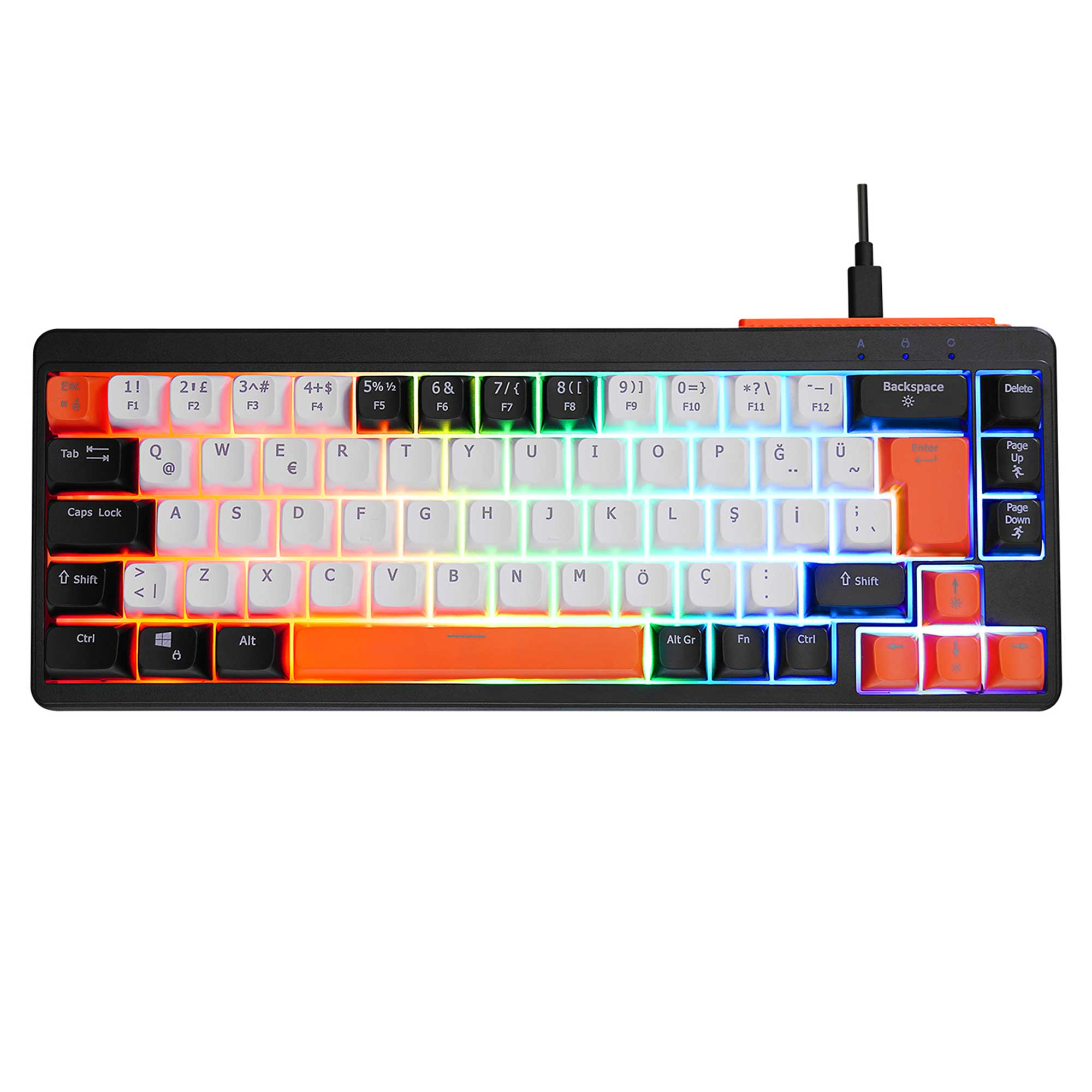 RGB aydınlatmalı ve turuncu vurgu tuşlu siyah mekanik klavye.