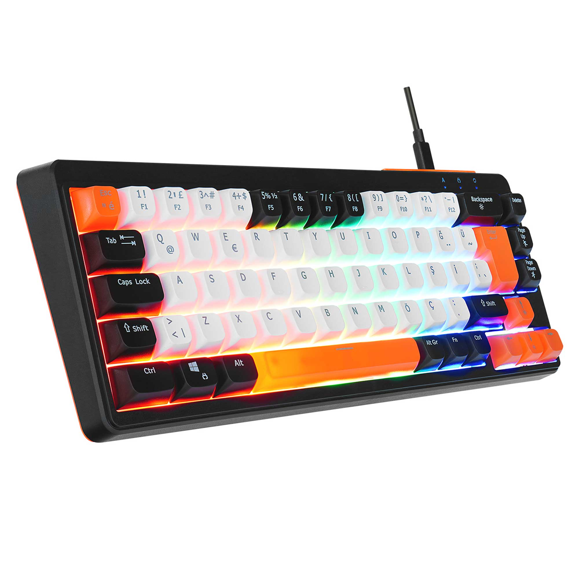 RGB arka aydınlatmalı ve beyaz tuşlu siyah mekanik klavye.
