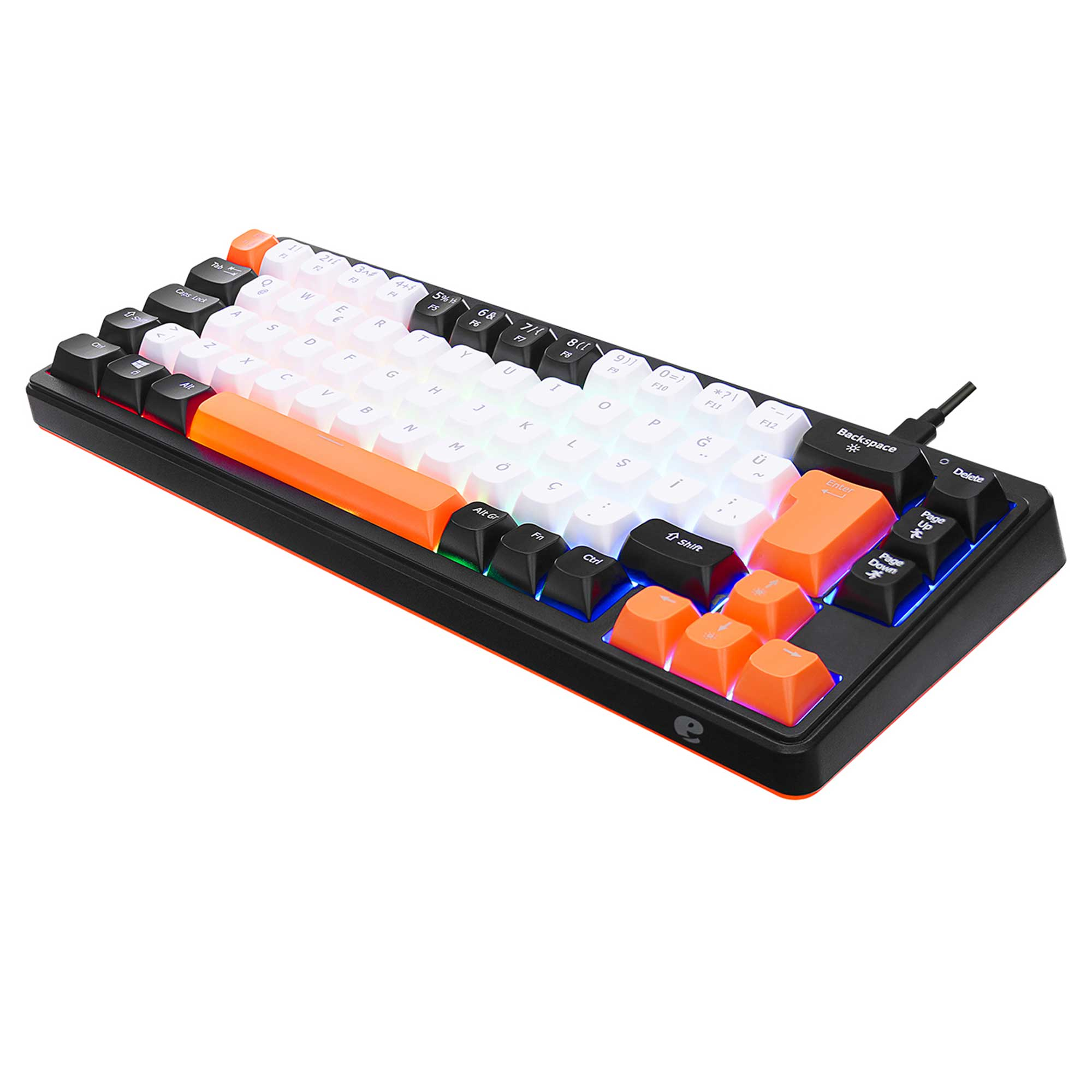 Beyaz ve turuncu tuşlara ve RGB arka aydınlatmaya sahip siyah mekanik klavye.