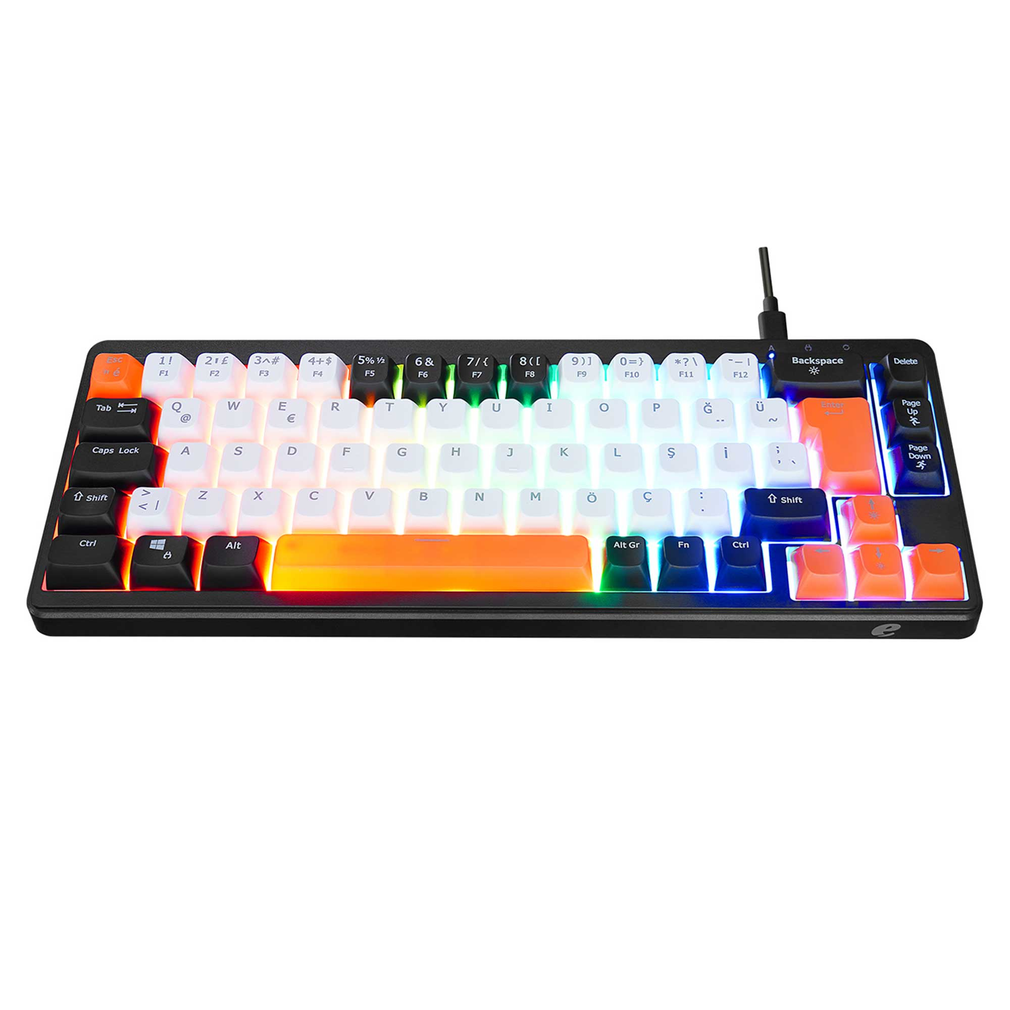 Beyaz ve turuncu tuş başlıklarına ve RGB arka aydınlatmaya sahip siyah mekanik klavye.