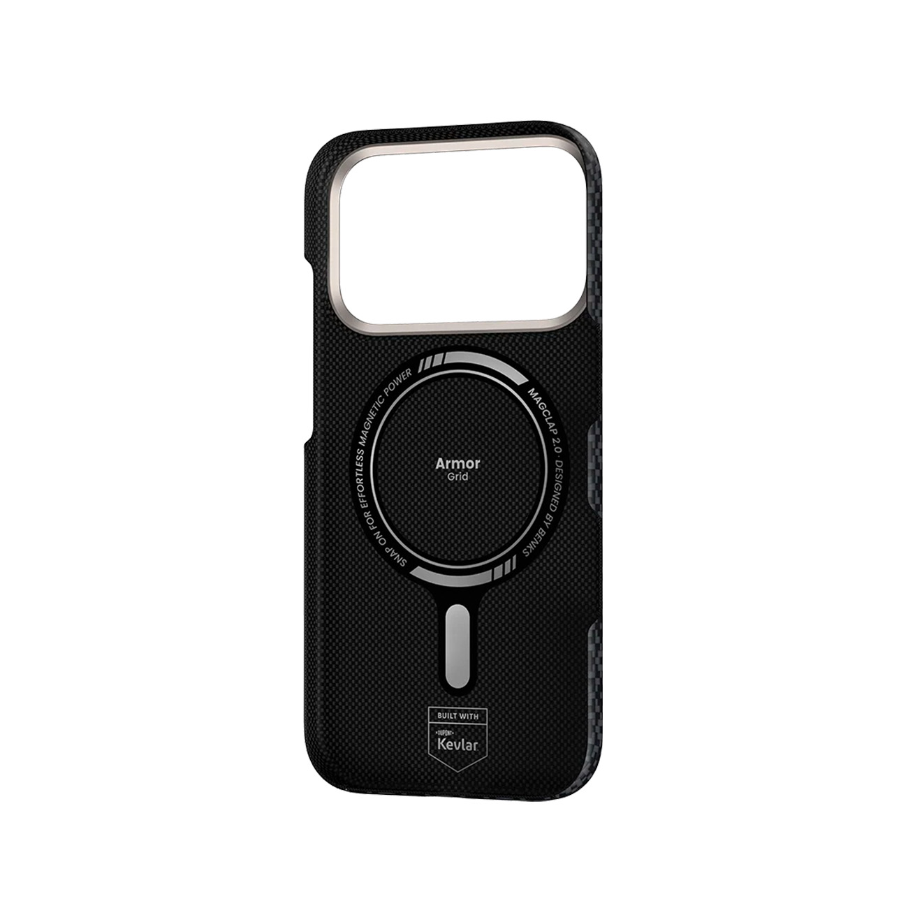 Funda negra para teléfono con patrón de rejilla texturizada y anillo magnético. Texto: 'Armor Grid'.